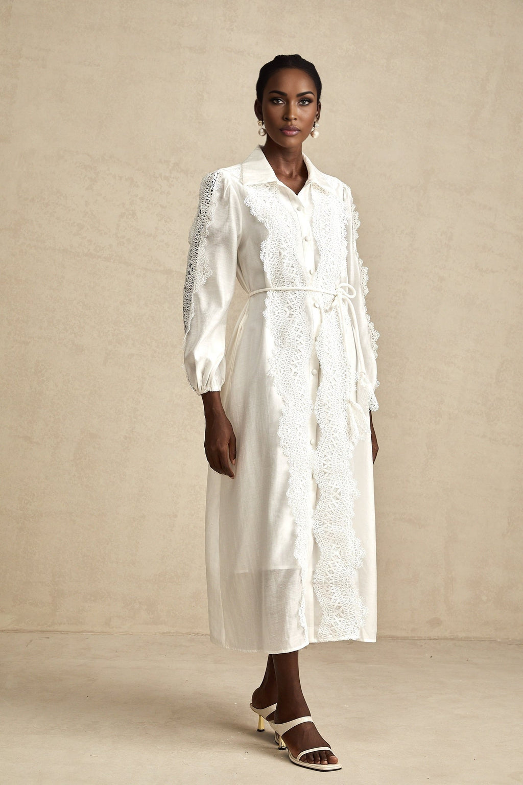 Savina Midi Dress White Lace Tied Waist Slit & Buttons