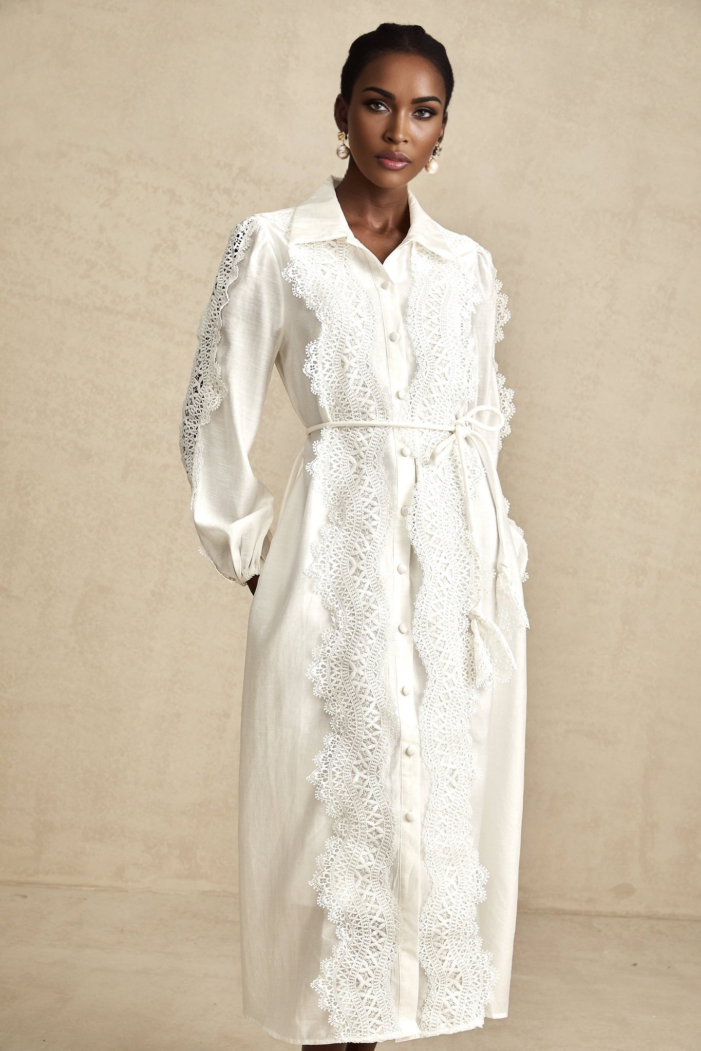 Savina Midi Dress White Lace Tied Waist Slit & Buttons