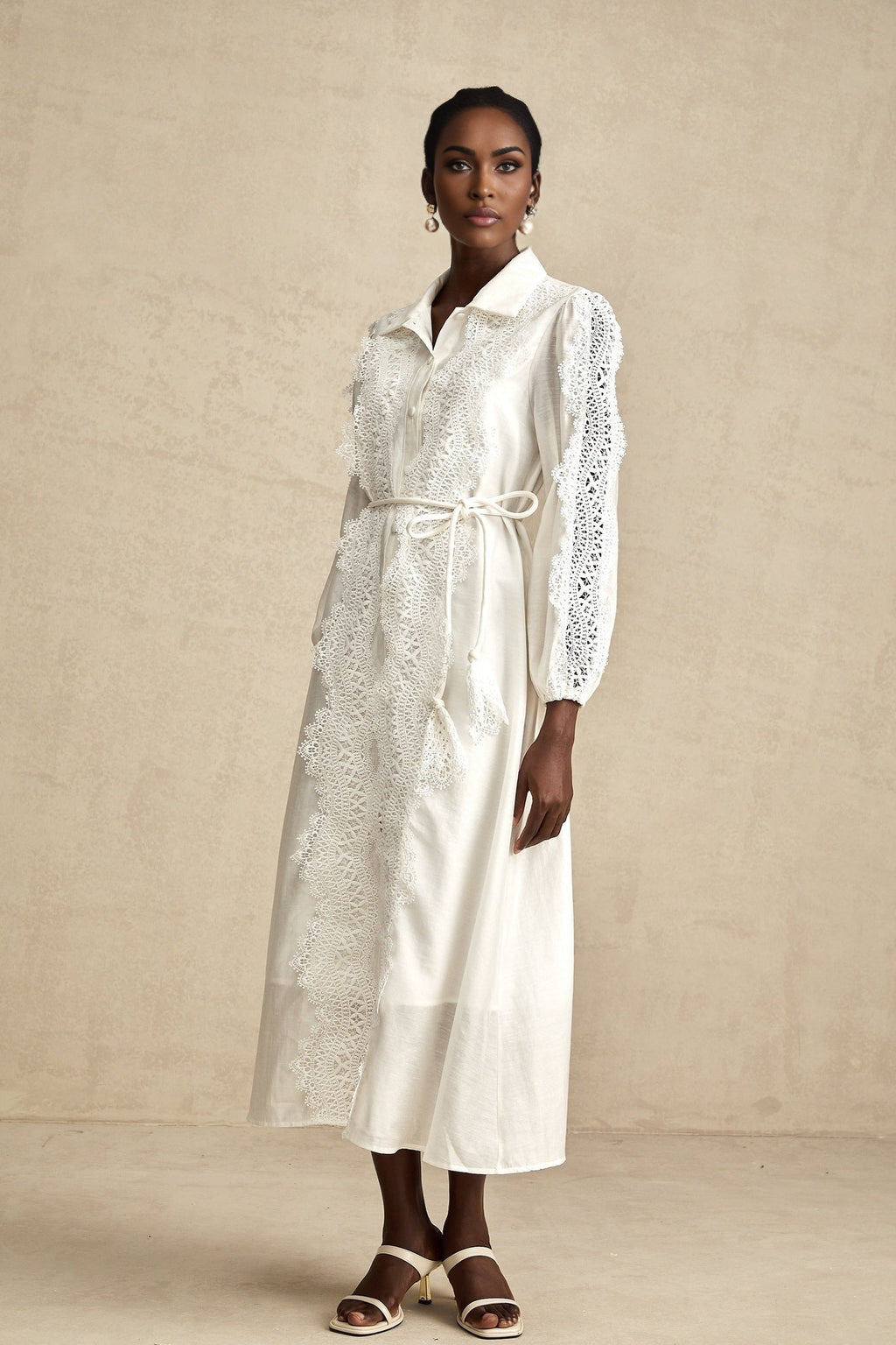 Savina Midi Dress White Lace Tied Waist Slit & Buttons