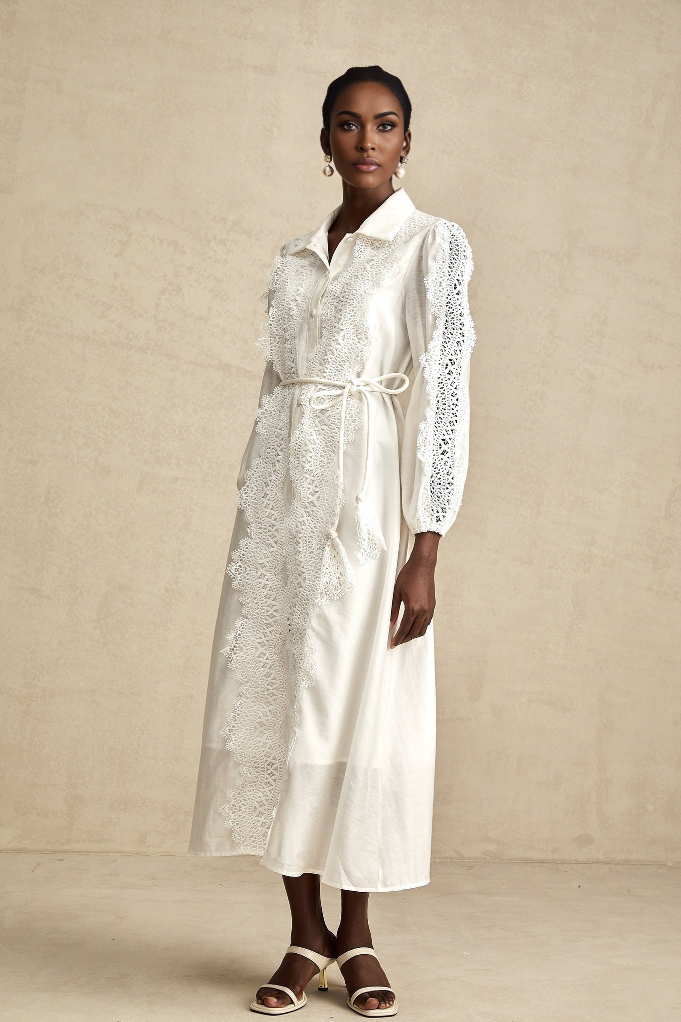 Savina Midi Dress White Lace Tied Waist Slit & Buttons