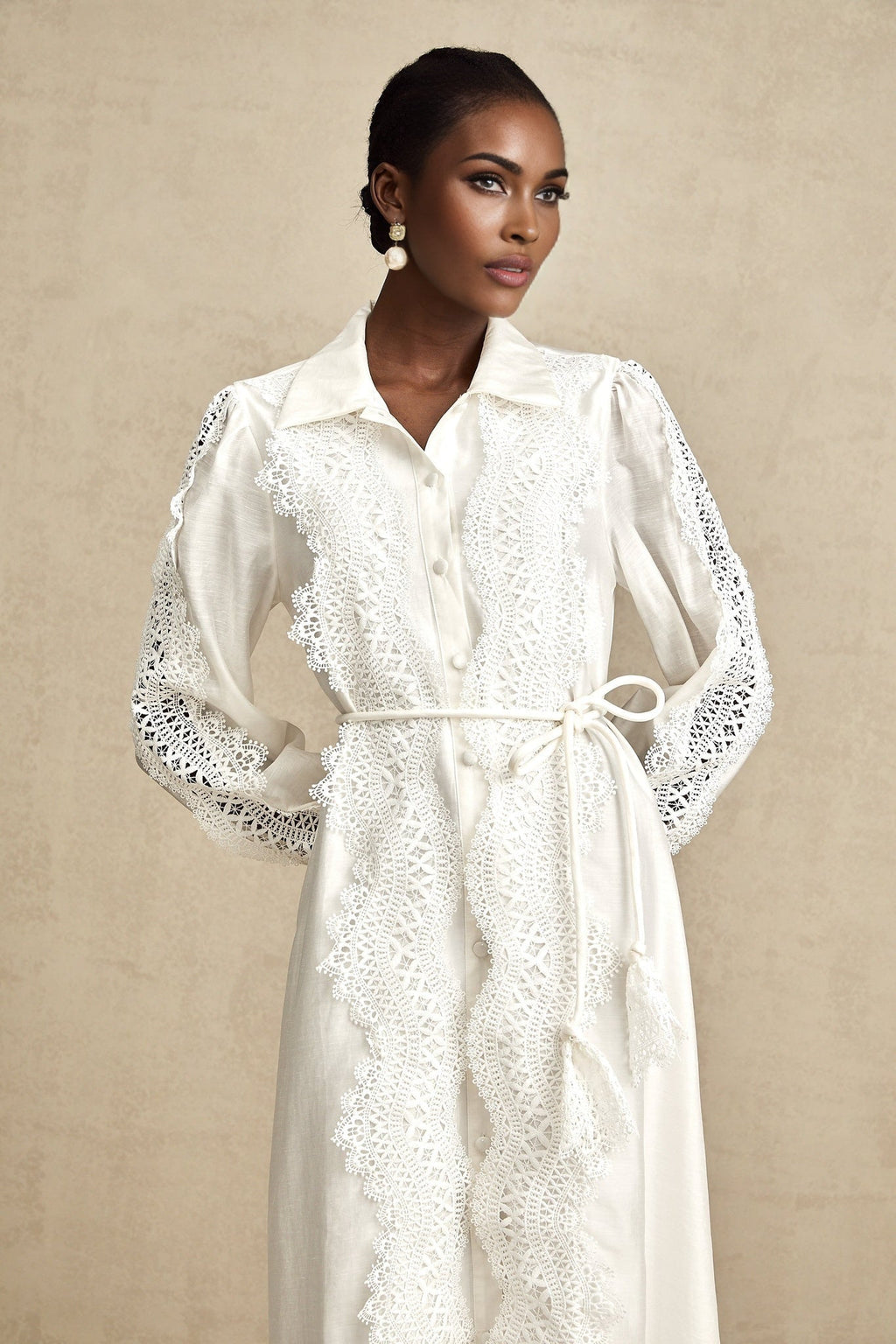 Savina Midi Dress White Lace Tied Waist Slit & Buttons