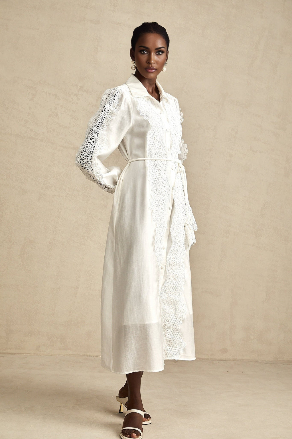 Savina Midi Dress White Lace Tied Waist Slit & Buttons