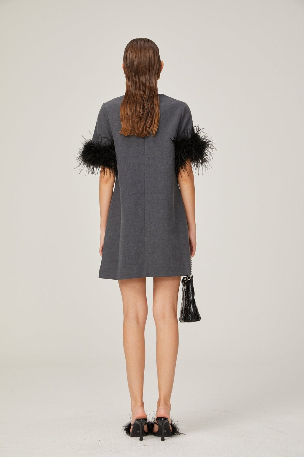 Savina Mini Dress Grey Feather Trim