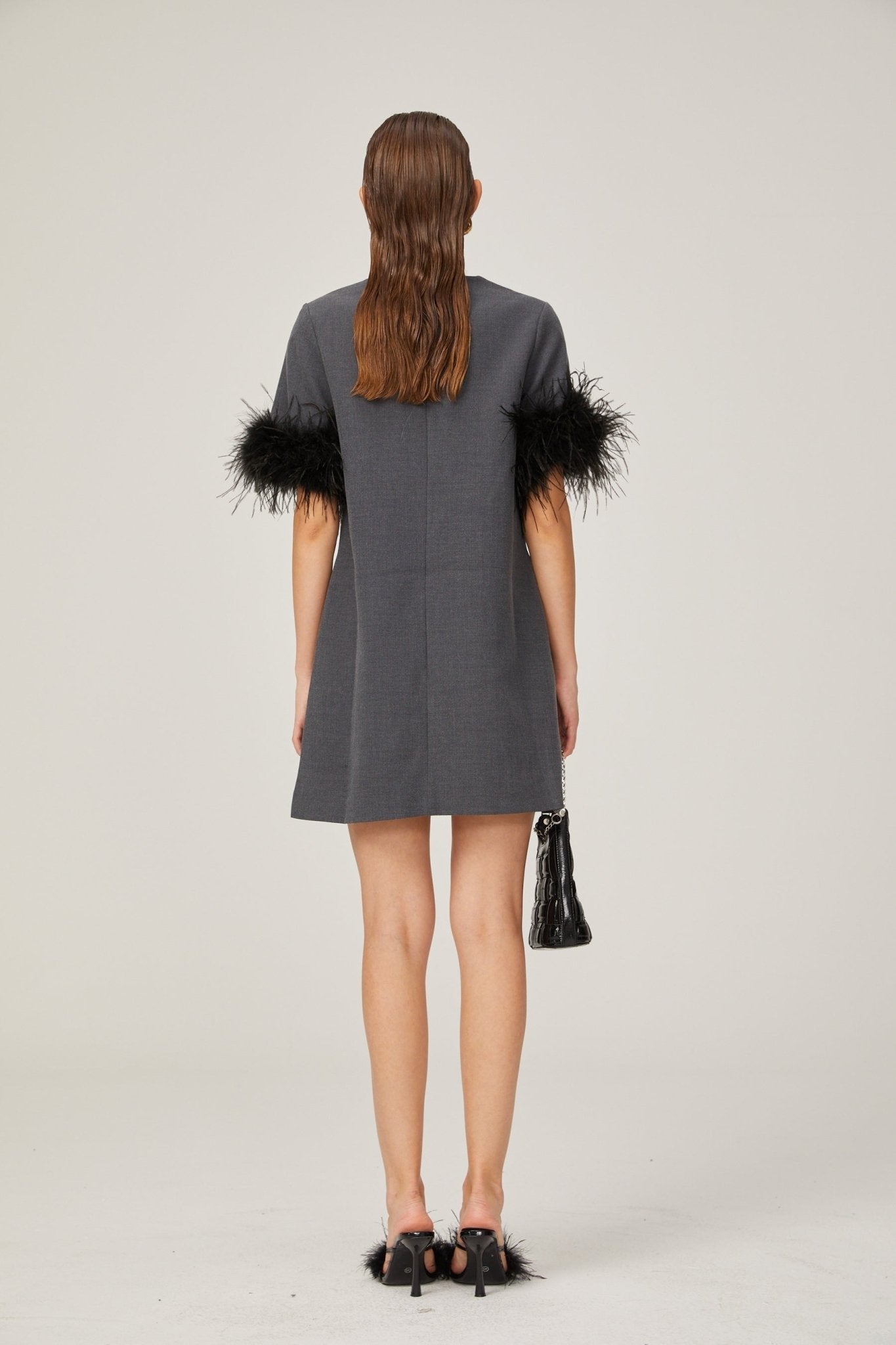 Savina Mini Dress Grey Feather Trim