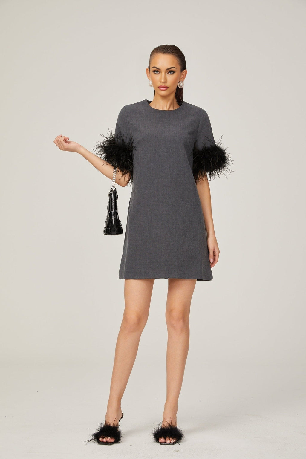 Savina Mini Dress Grey Feather Trim