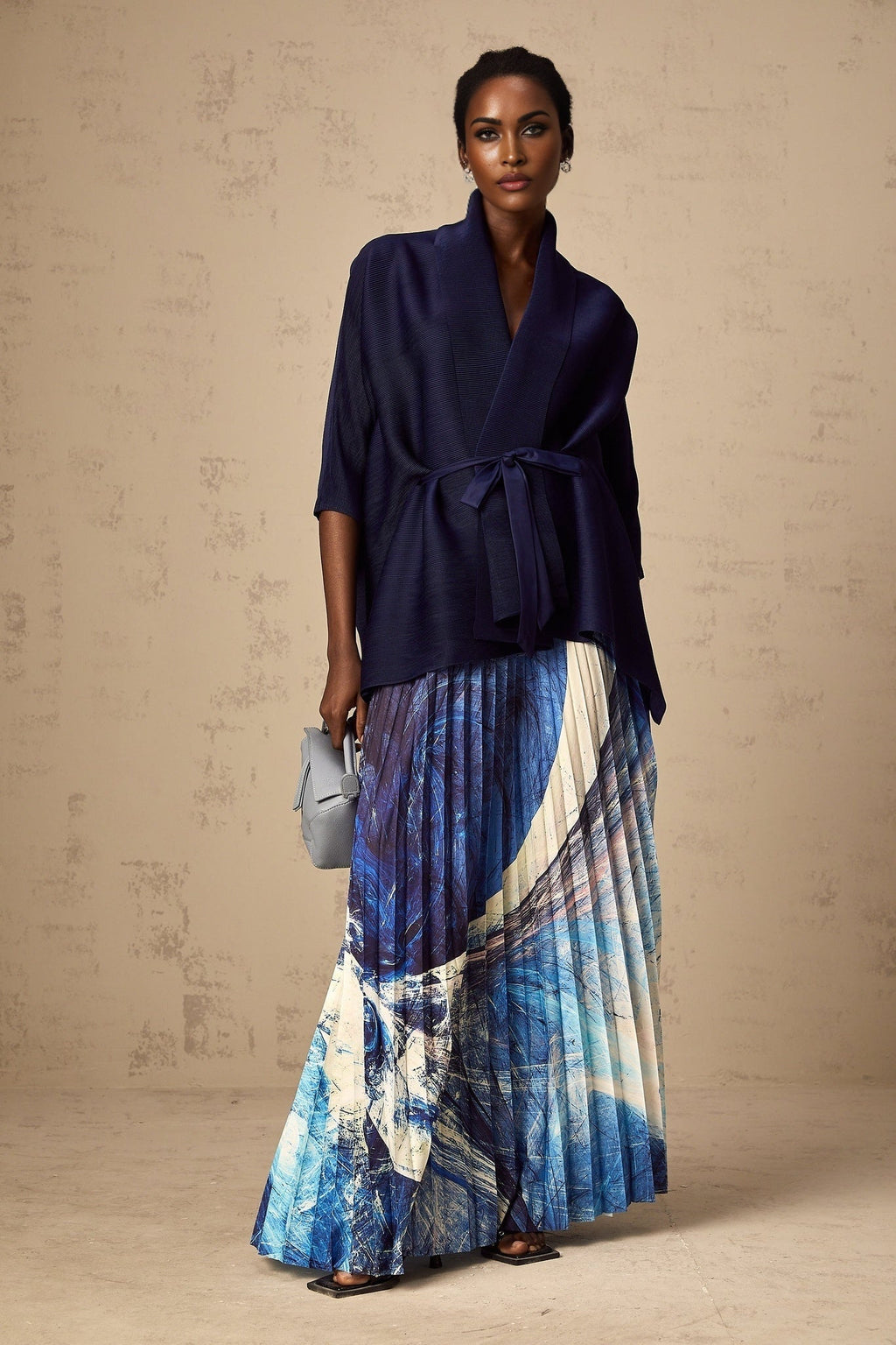 Savina Top & Dress Blue Pattern Creased Cape Matching Set