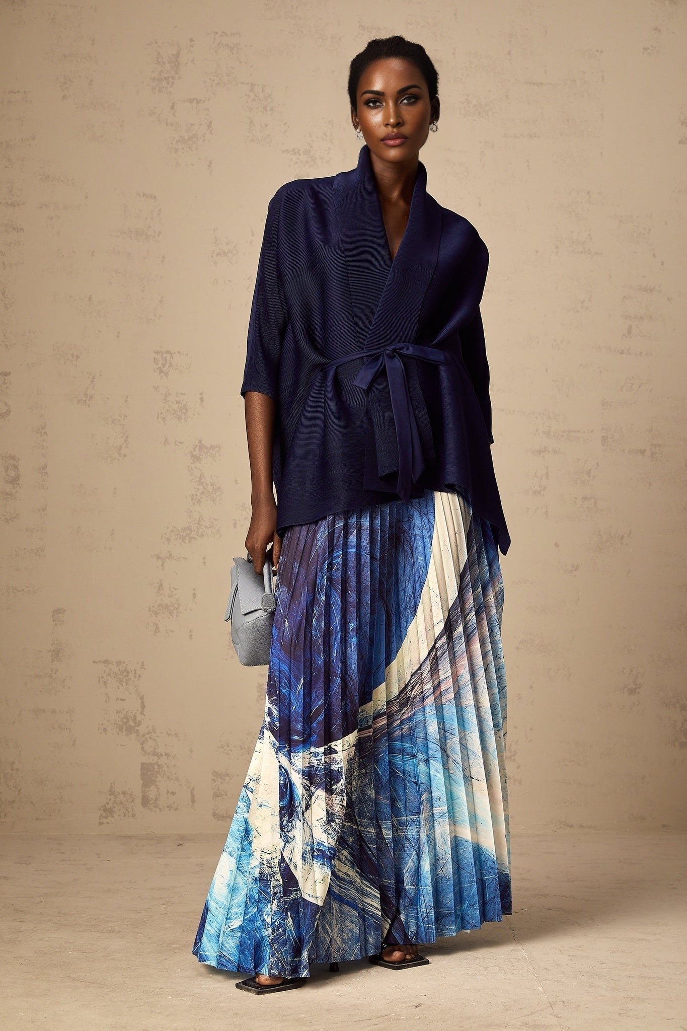 Savina Top & Dress Blue Pattern Creased Cape Matching Set