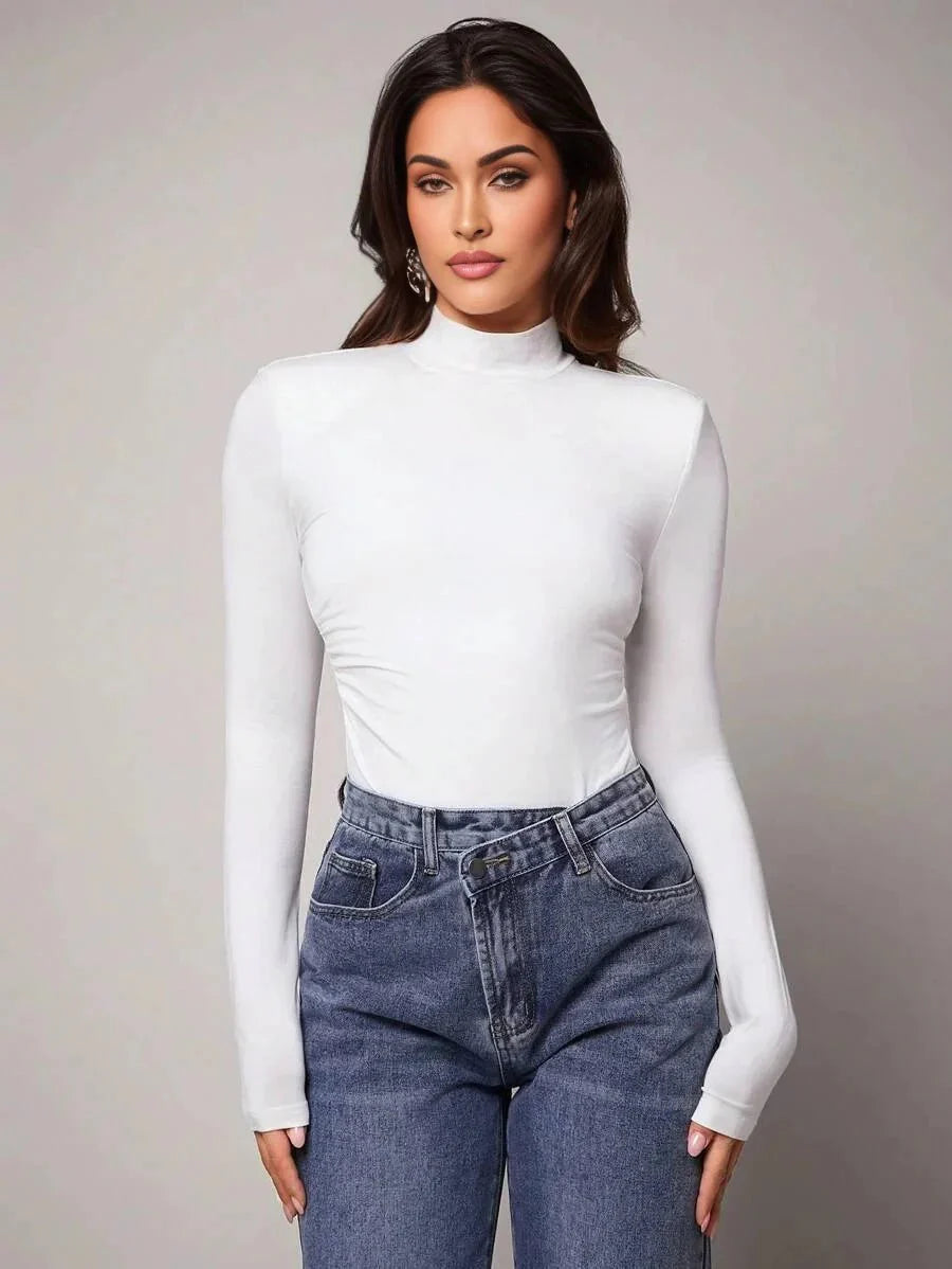 Scarlett Bodysuit - High Stretch Fabric Elasticity - Slim Fit Type - Long Sleeve Length - Casual Style - Stand Collar Neckline - Premium Quality
