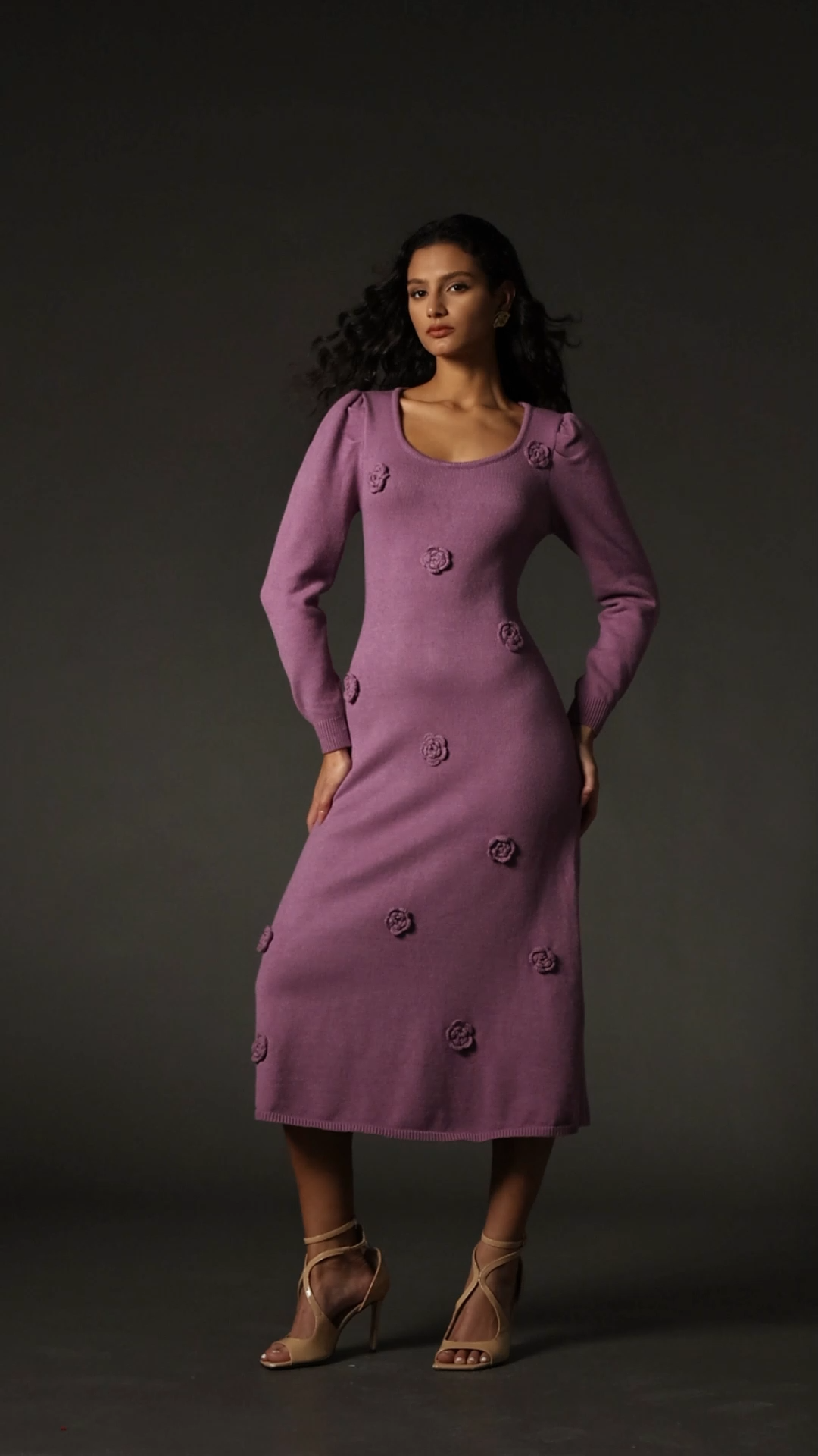 Scarlett Purple Floral Maxi Dress with Puff Sleeves and Round Neckline