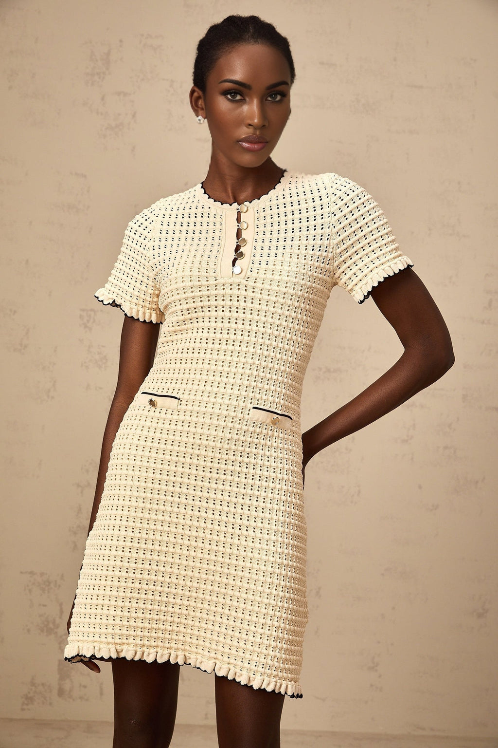 Selena Mini Dress with Ruffled Trim and Front Pockets