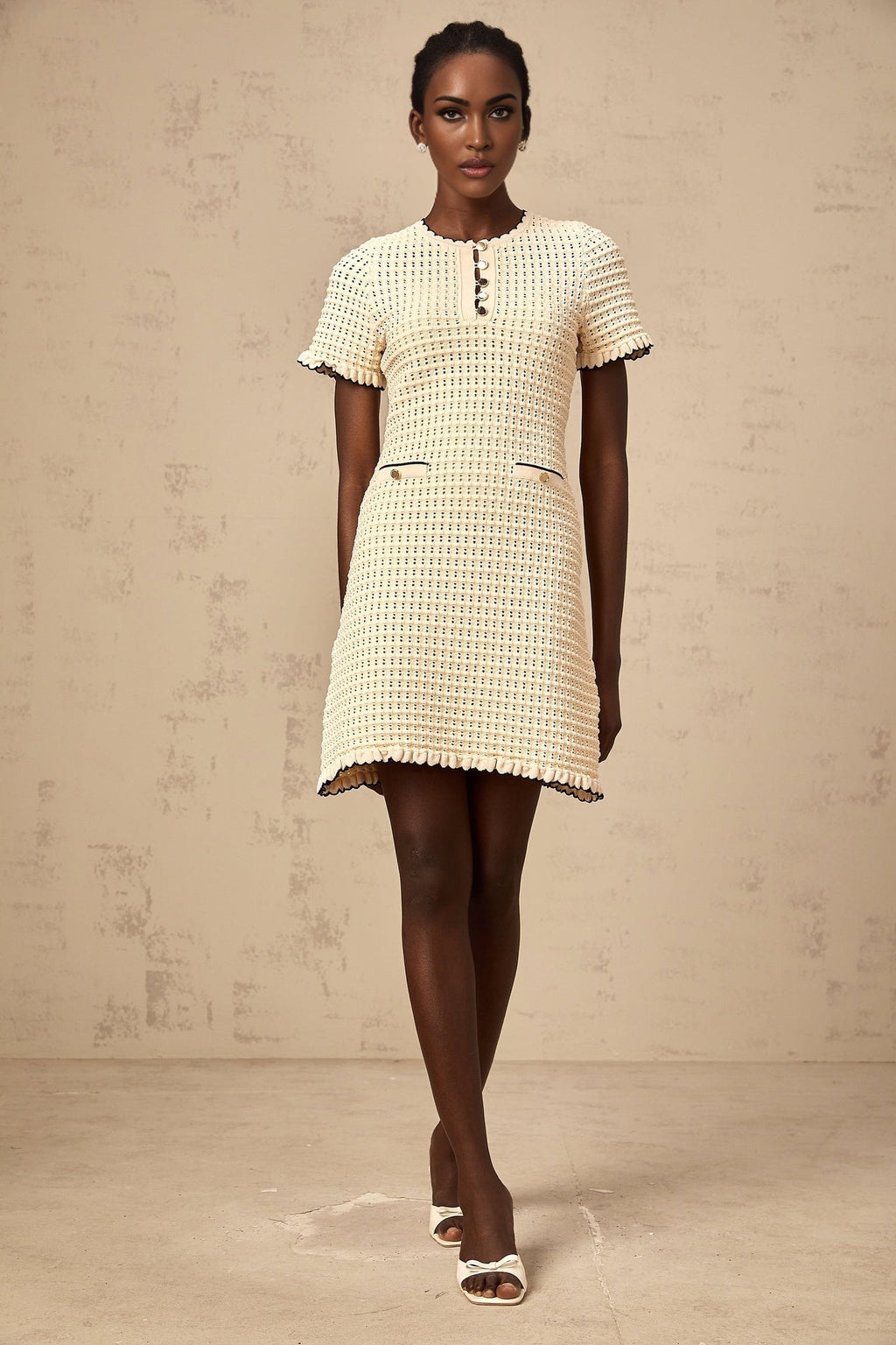 Selena Mini Dress with Ruffled Trim and Front Pockets