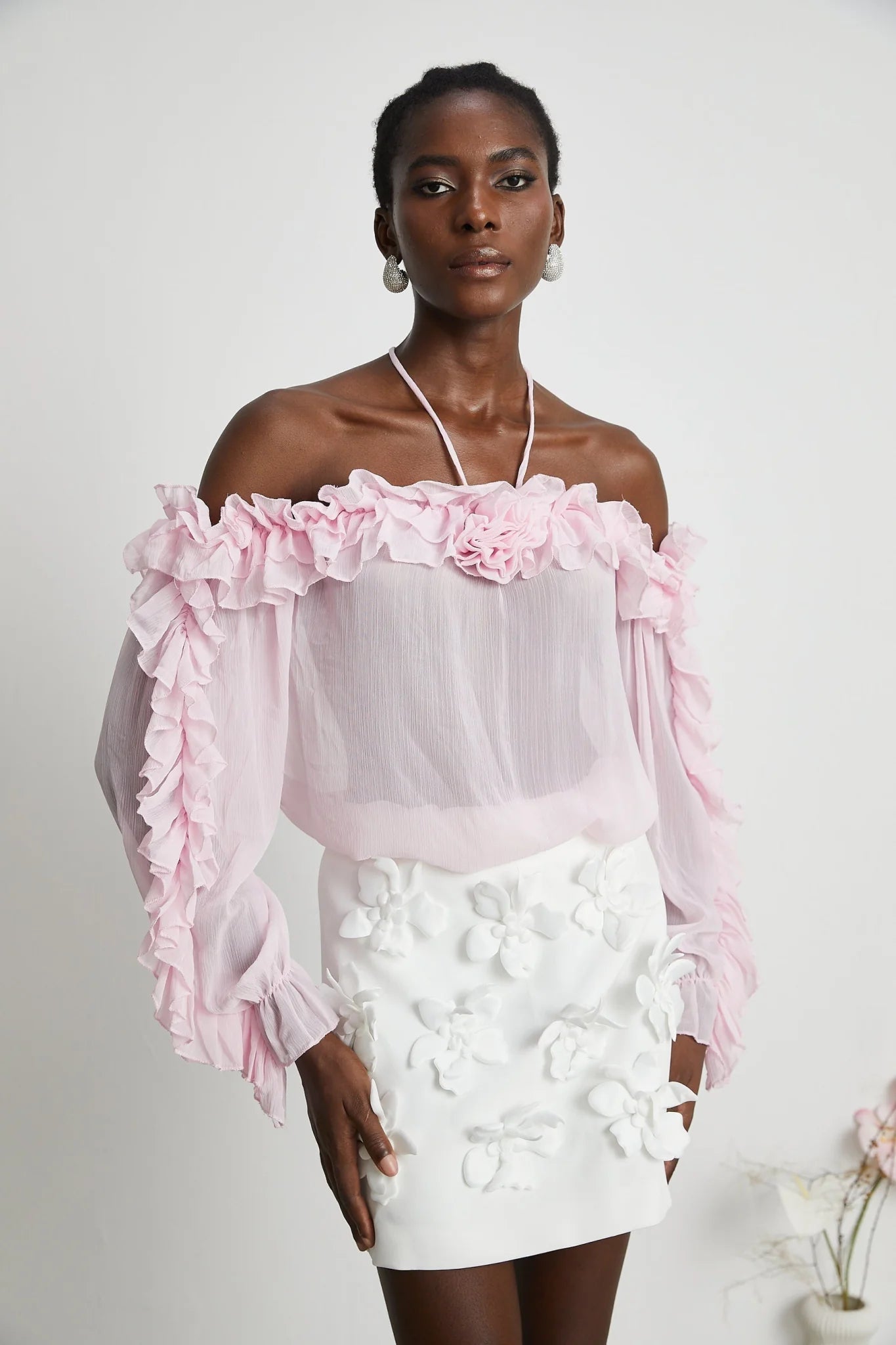 Selena Top Pink Strapless Halterneck Floral Applique
