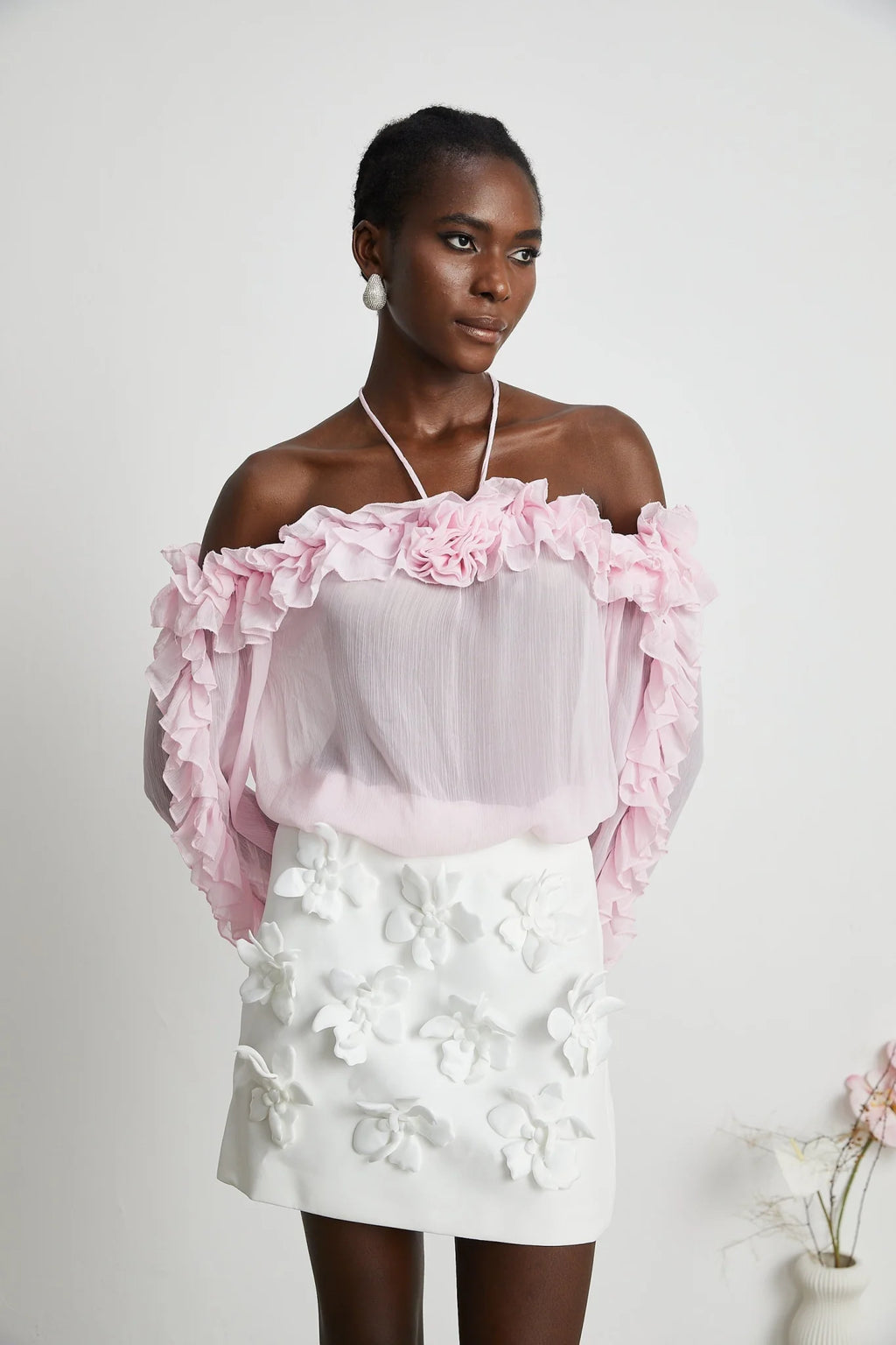 Selena Top Pink Strapless Halterneck Floral Applique