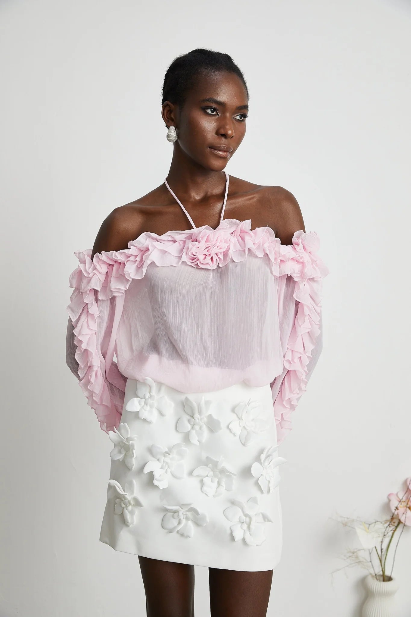 Selena Top Pink Strapless Halterneck Floral Applique