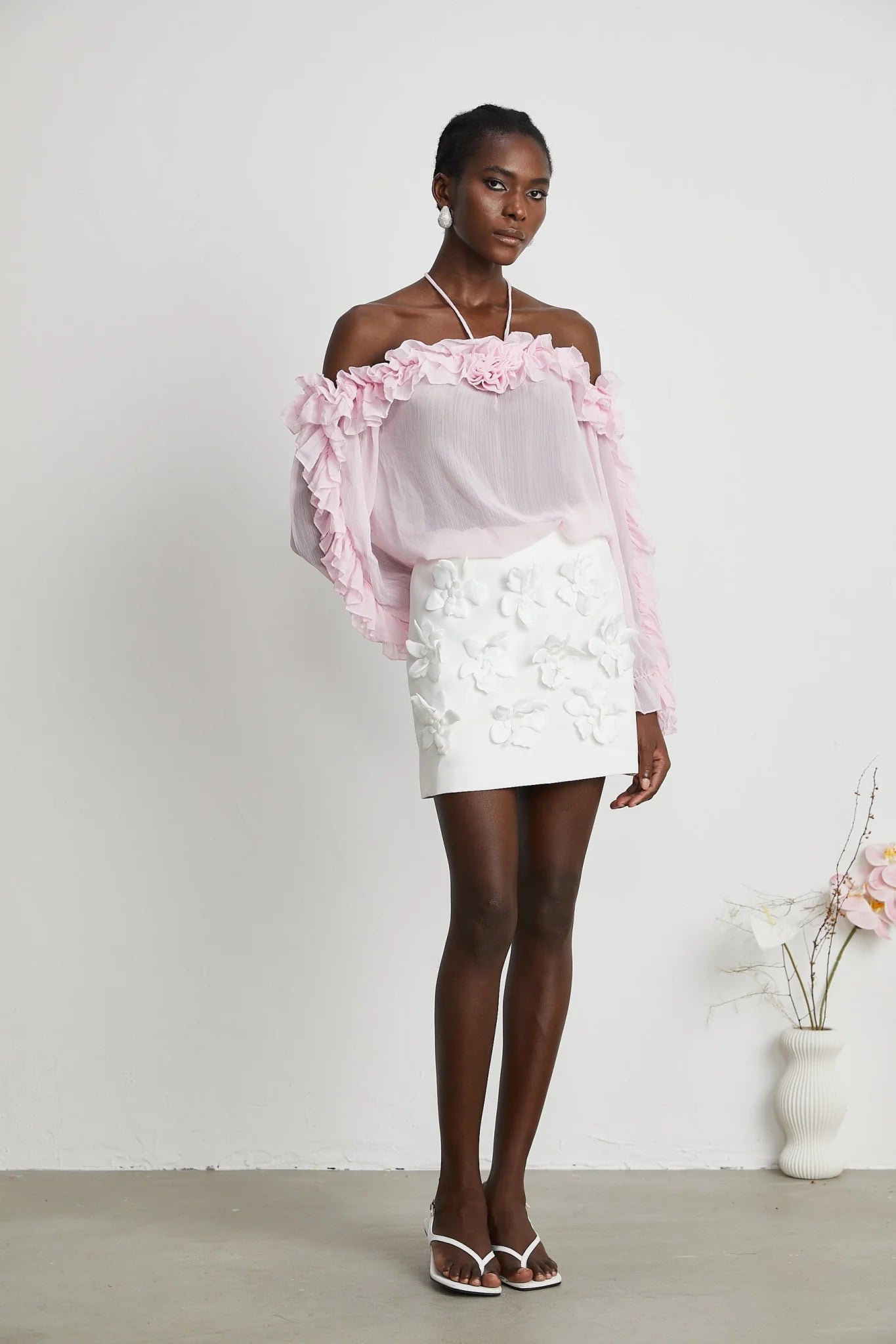 Selena Top Pink Strapless Halterneck Floral Applique