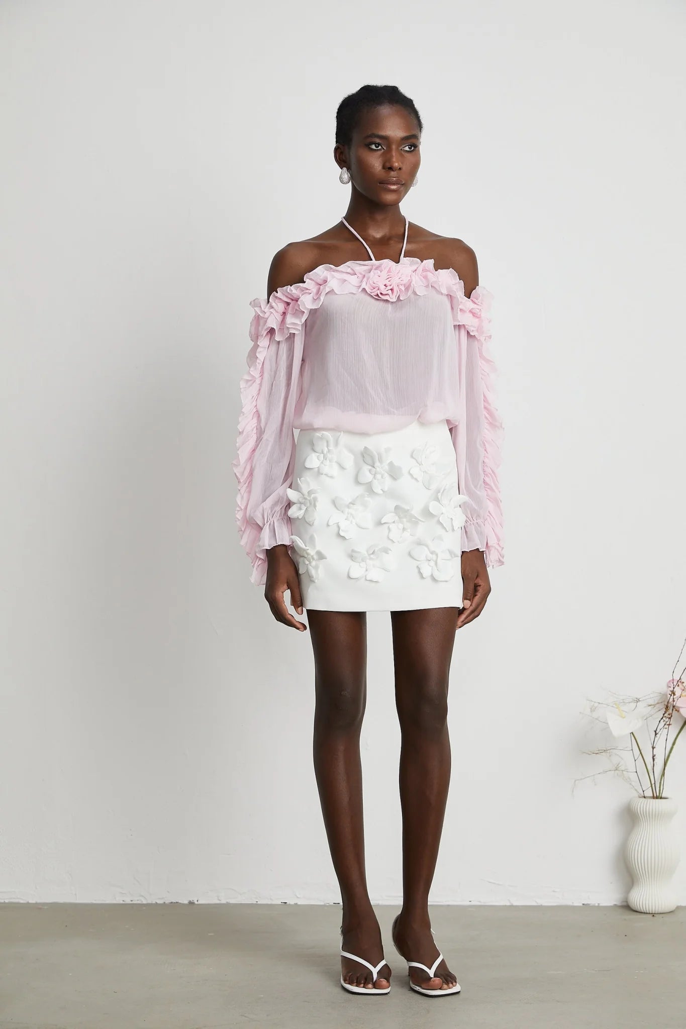 Selena Top Pink Strapless Halterneck Floral Applique