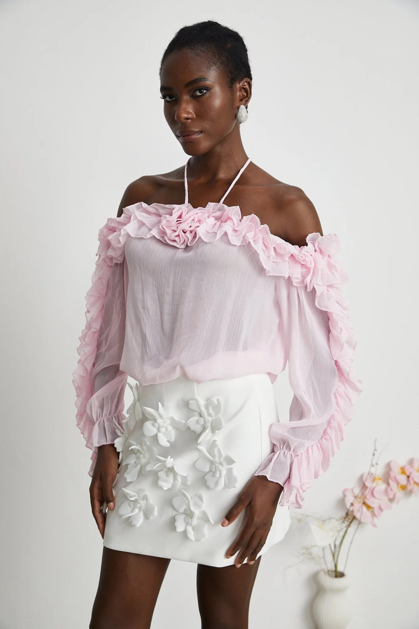 Selena Top Pink Strapless Halterneck Floral Applique