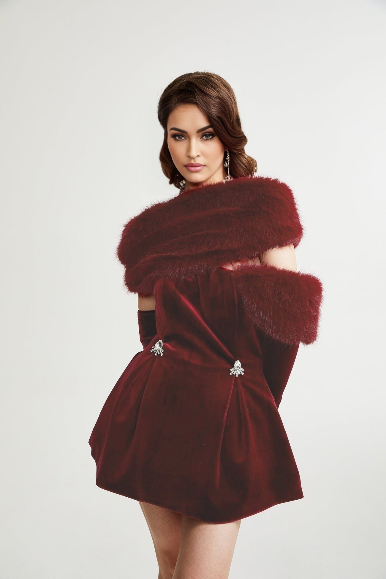 Selena Velvet Strapless Mini Dress With Faux Fur Collar