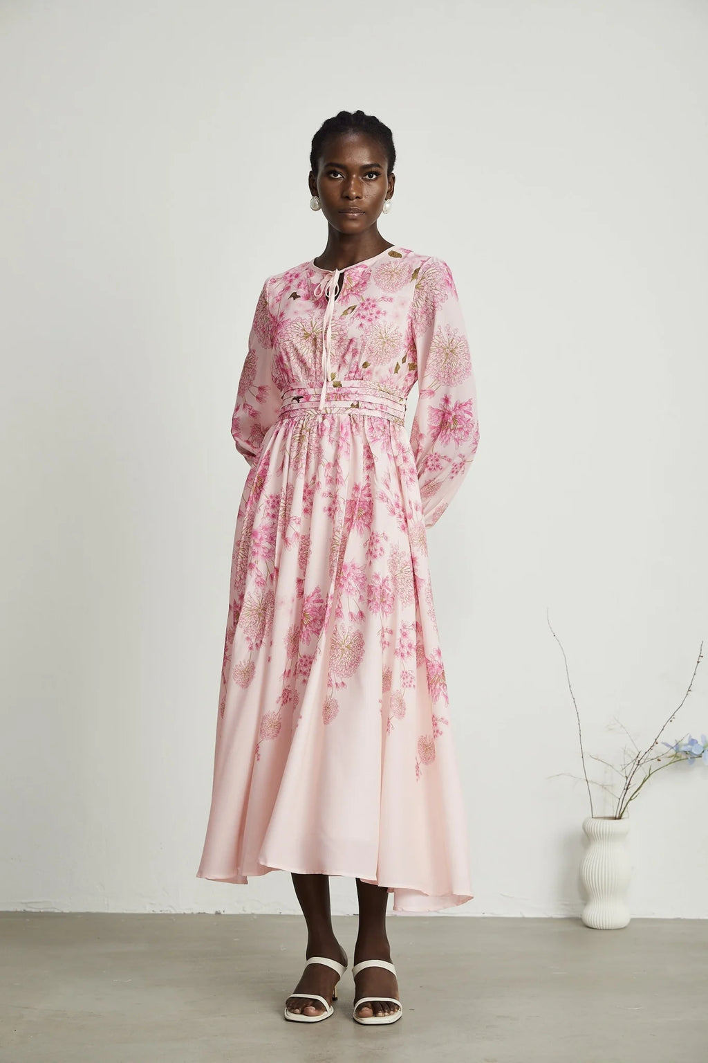 Serafina Floral Midi Dress in Striking Pink with Round - Neck & Puff Sleeves