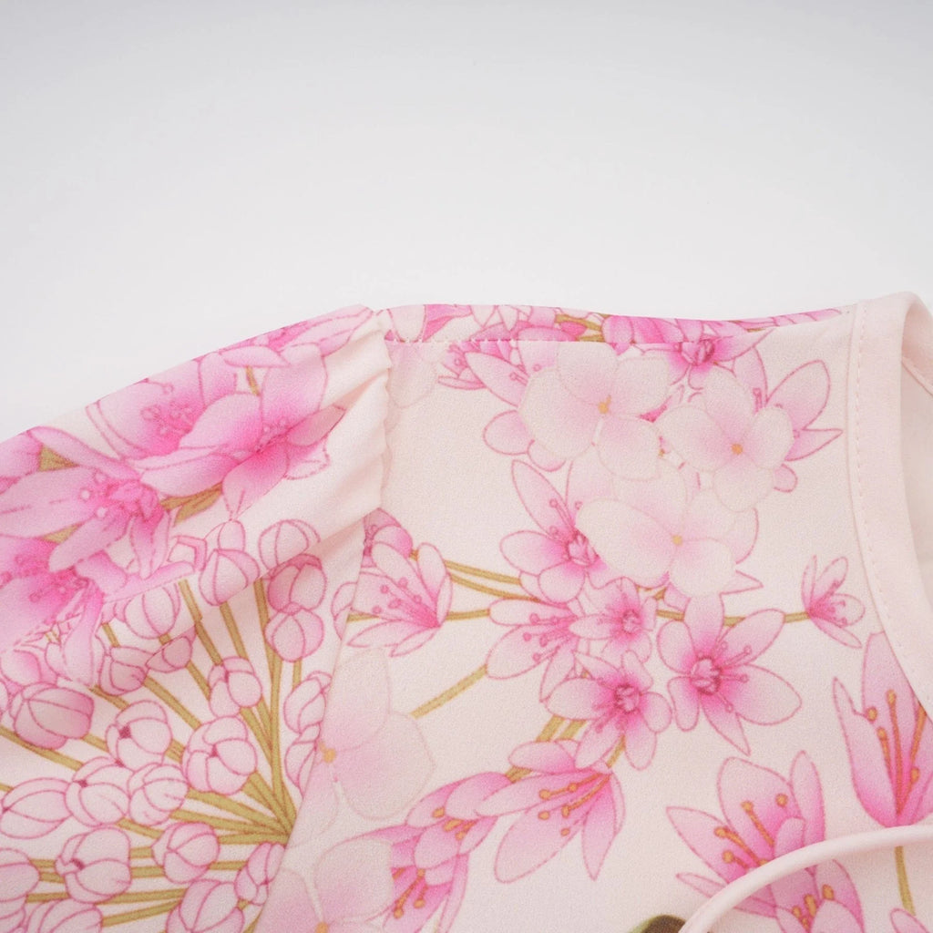 Serafina Floral Midi Dress in Striking Pink with Round - Neck & Puff Sleeves