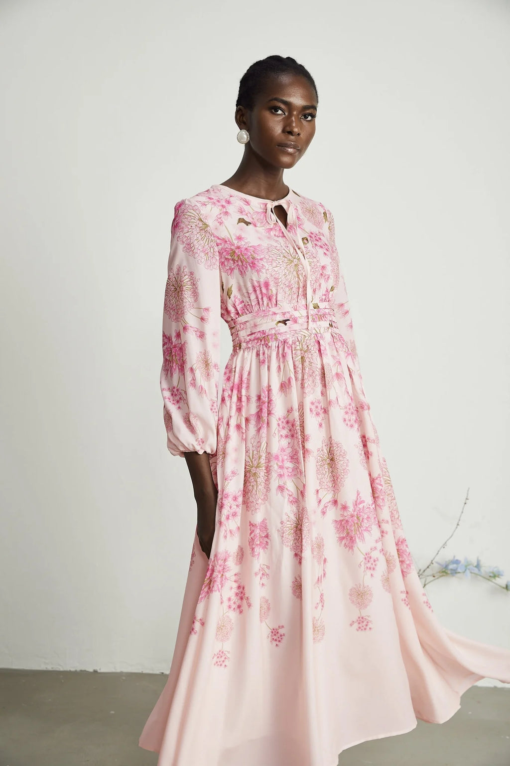 Serafina Floral Midi Dress in Striking Pink with Round - Neck & Puff Sleeves