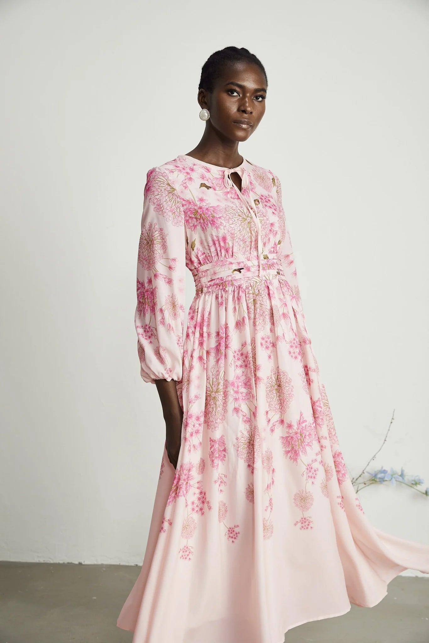 Serafina Floral Midi Dress in Striking Pink with Round - Neck & Puff Sleeves