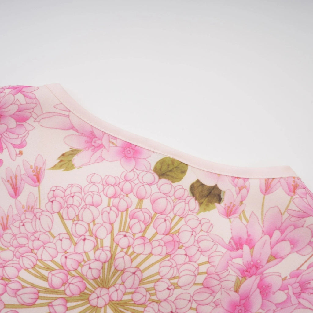 Serafina Floral Midi Dress in Striking Pink with Round - Neck & Puff Sleeves