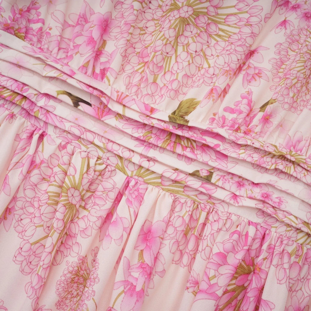 Serafina Floral Midi Dress in Striking Pink with Round - Neck & Puff Sleeves