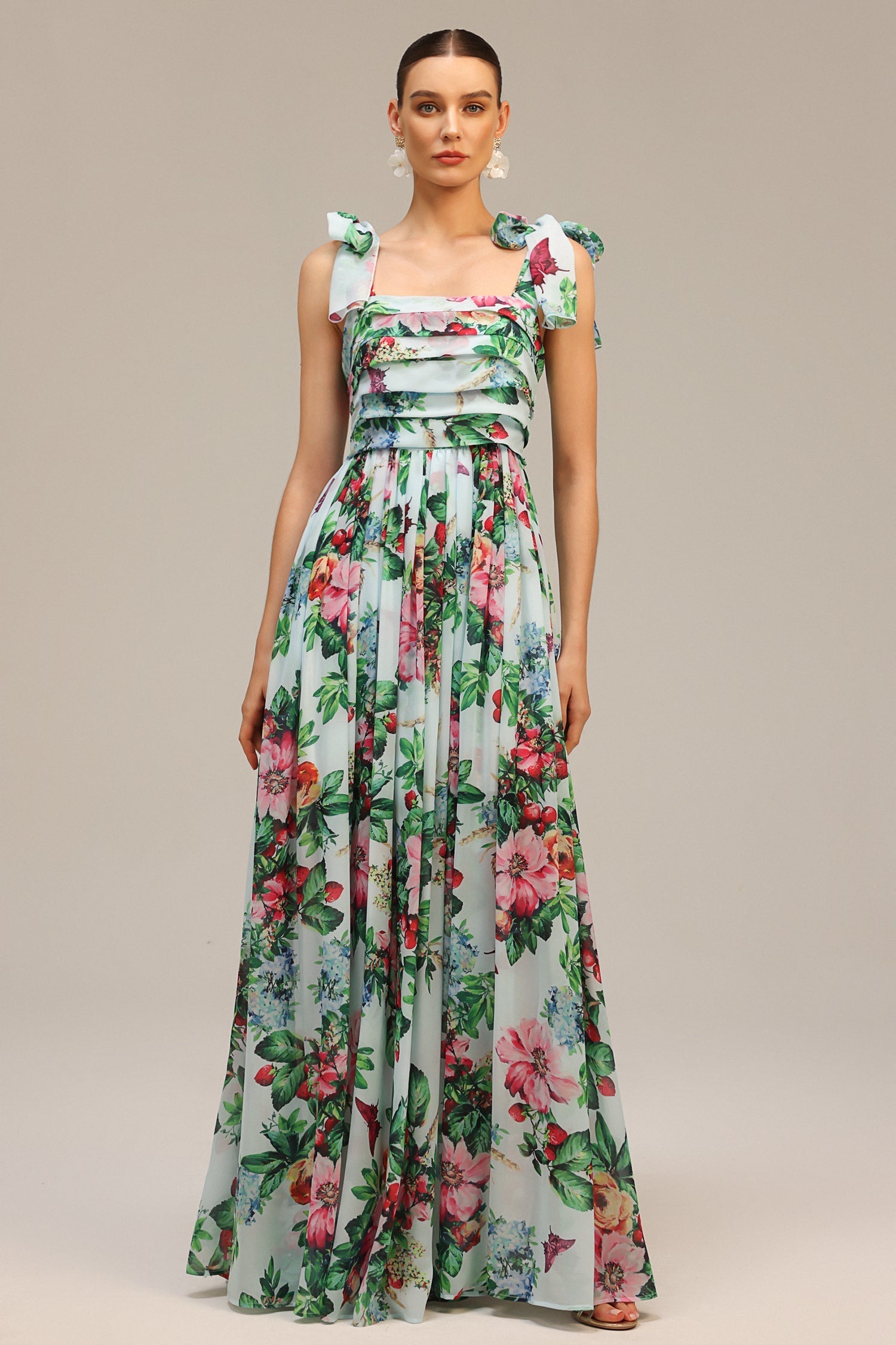 Serafina Green Floral Maxi Dress with Bowknot Detail