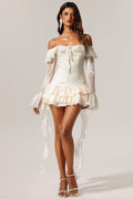 Serafina Ivory Off-the-Shoulder Embroidered Flounce Hem Mini Dress