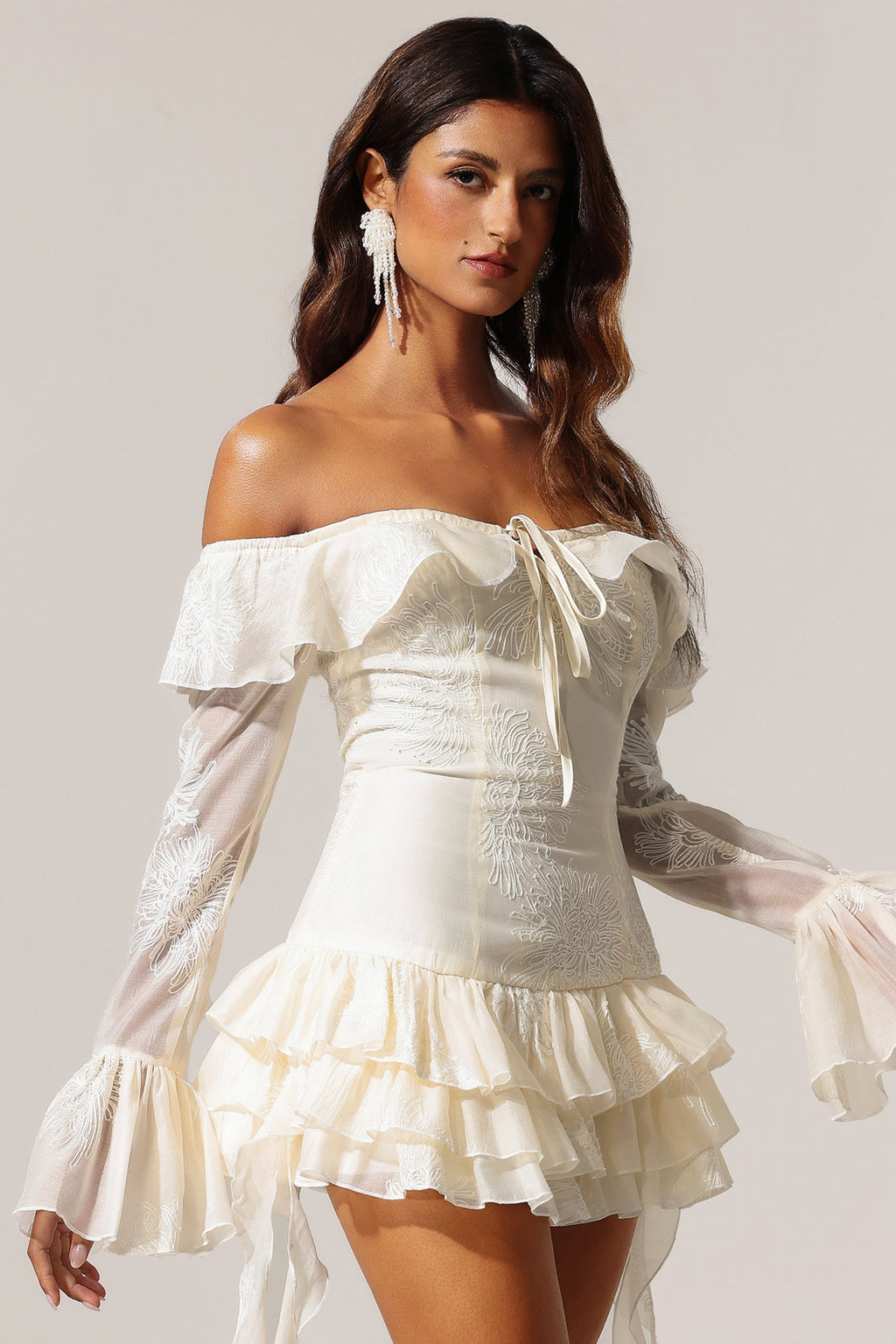 Serafina Ivory Off-the-Shoulder Embroidered Flounce Hem Mini Dress
