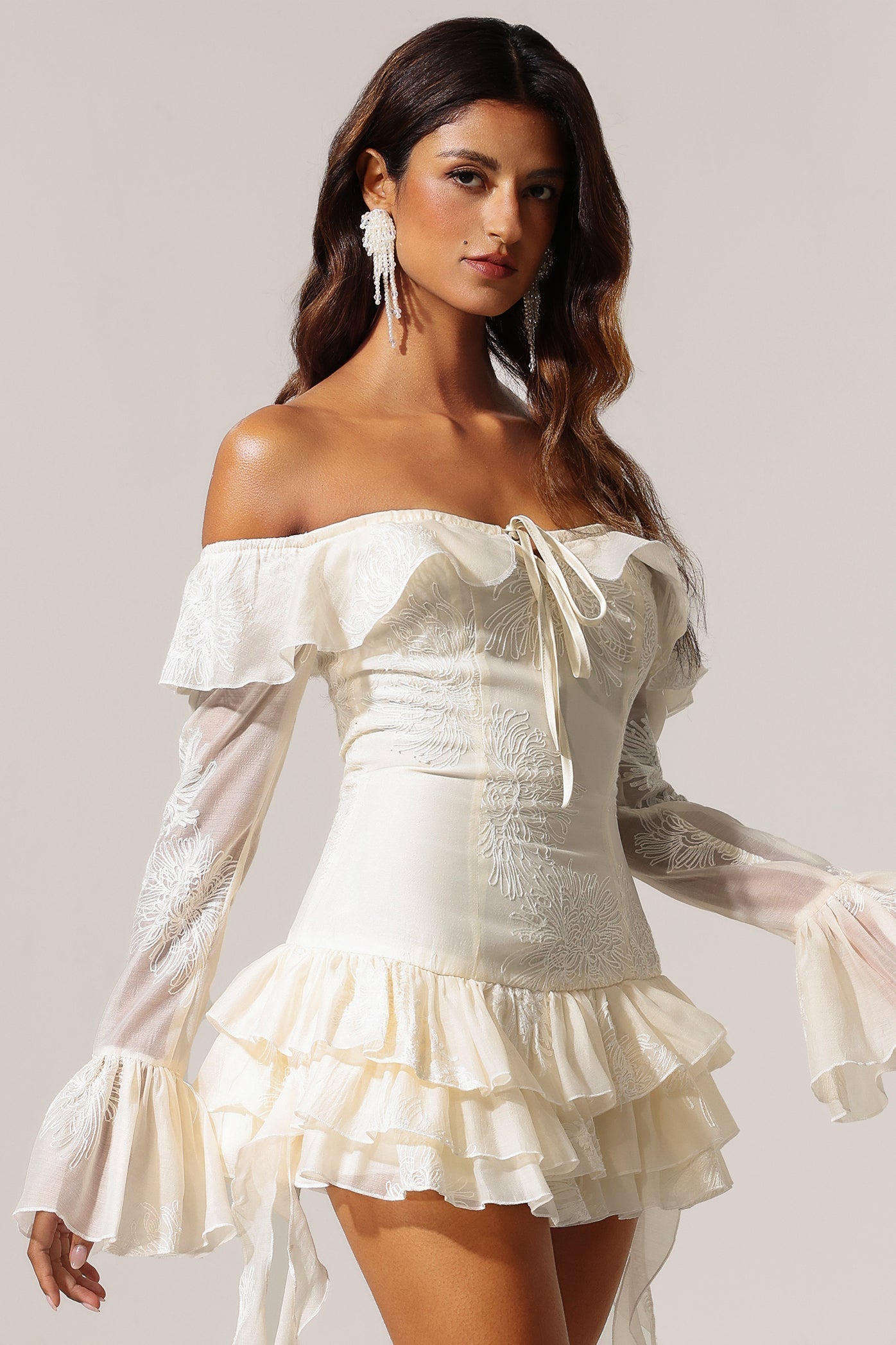 Serafina Ivory Off-the-Shoulder Embroidered Flounce Hem Mini Dress