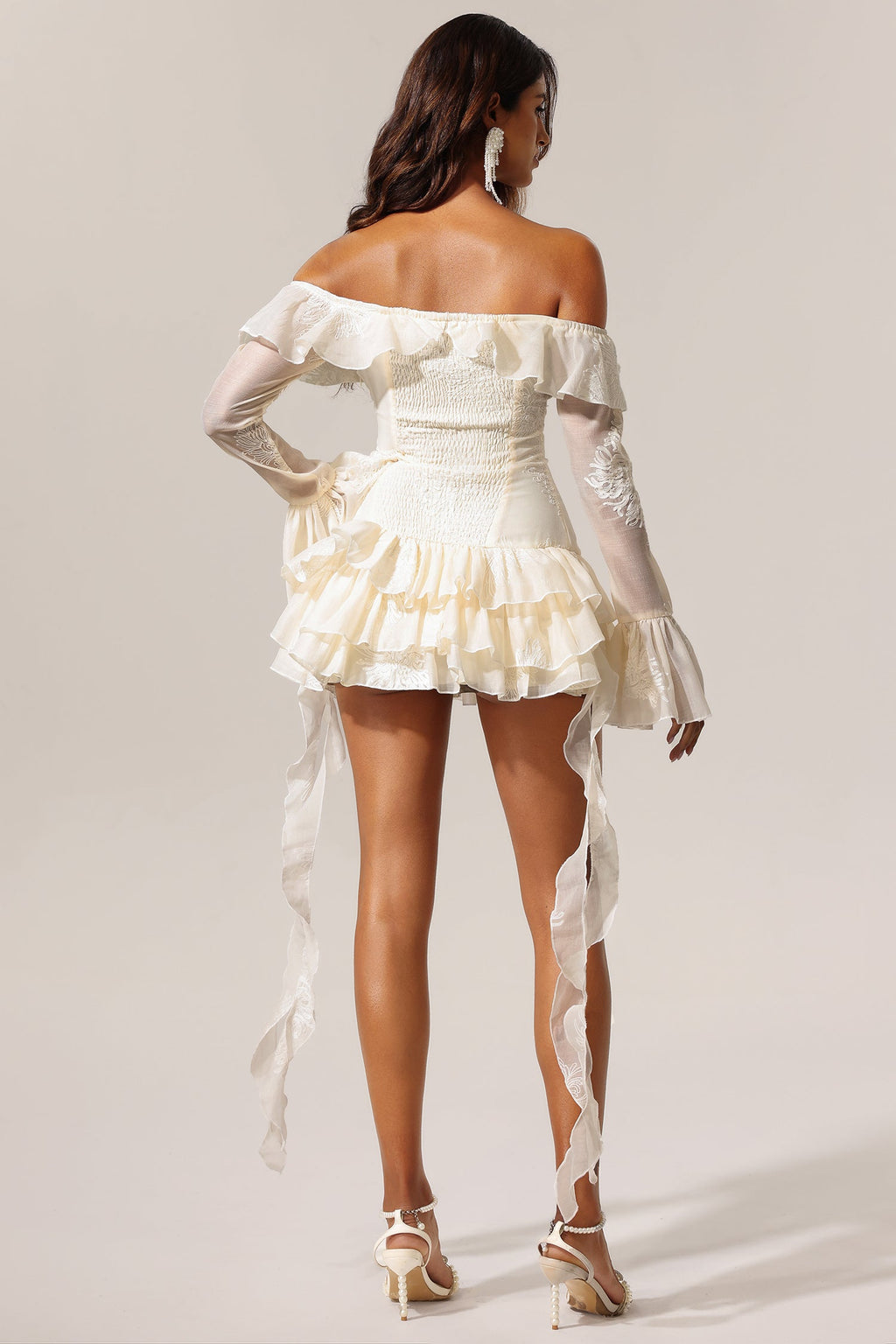 Serafina Ivory Off-the-Shoulder Embroidered Mini Dress with Flounce Hem