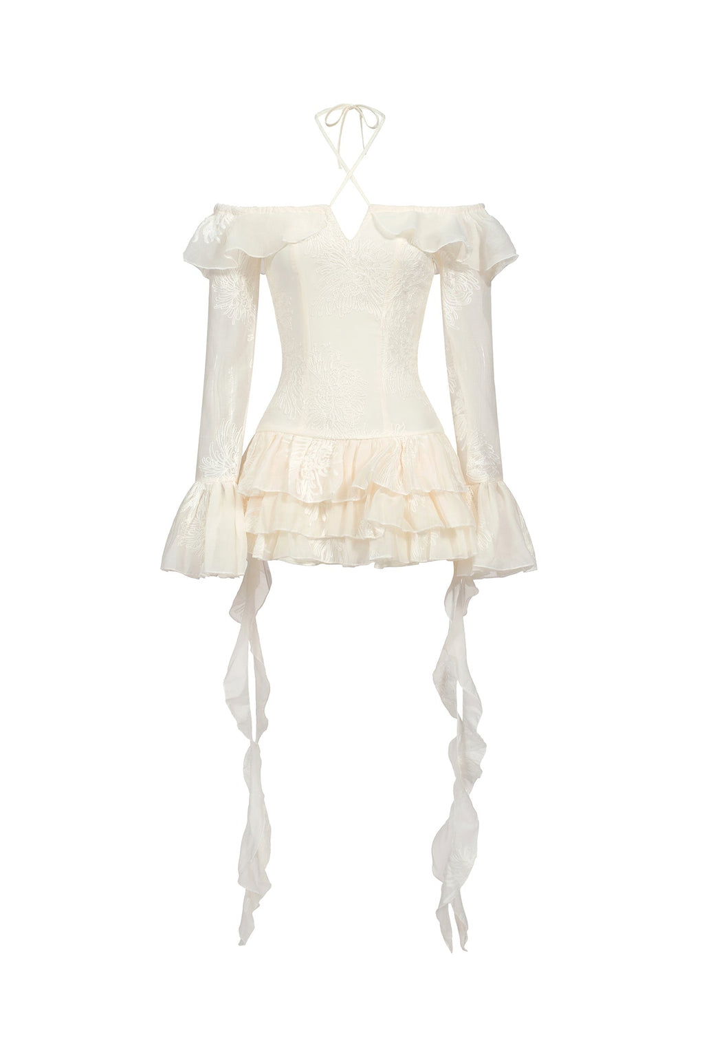 Serafina Ivory Off-Shoulder Embroidered Flounce Hem Mini Dress