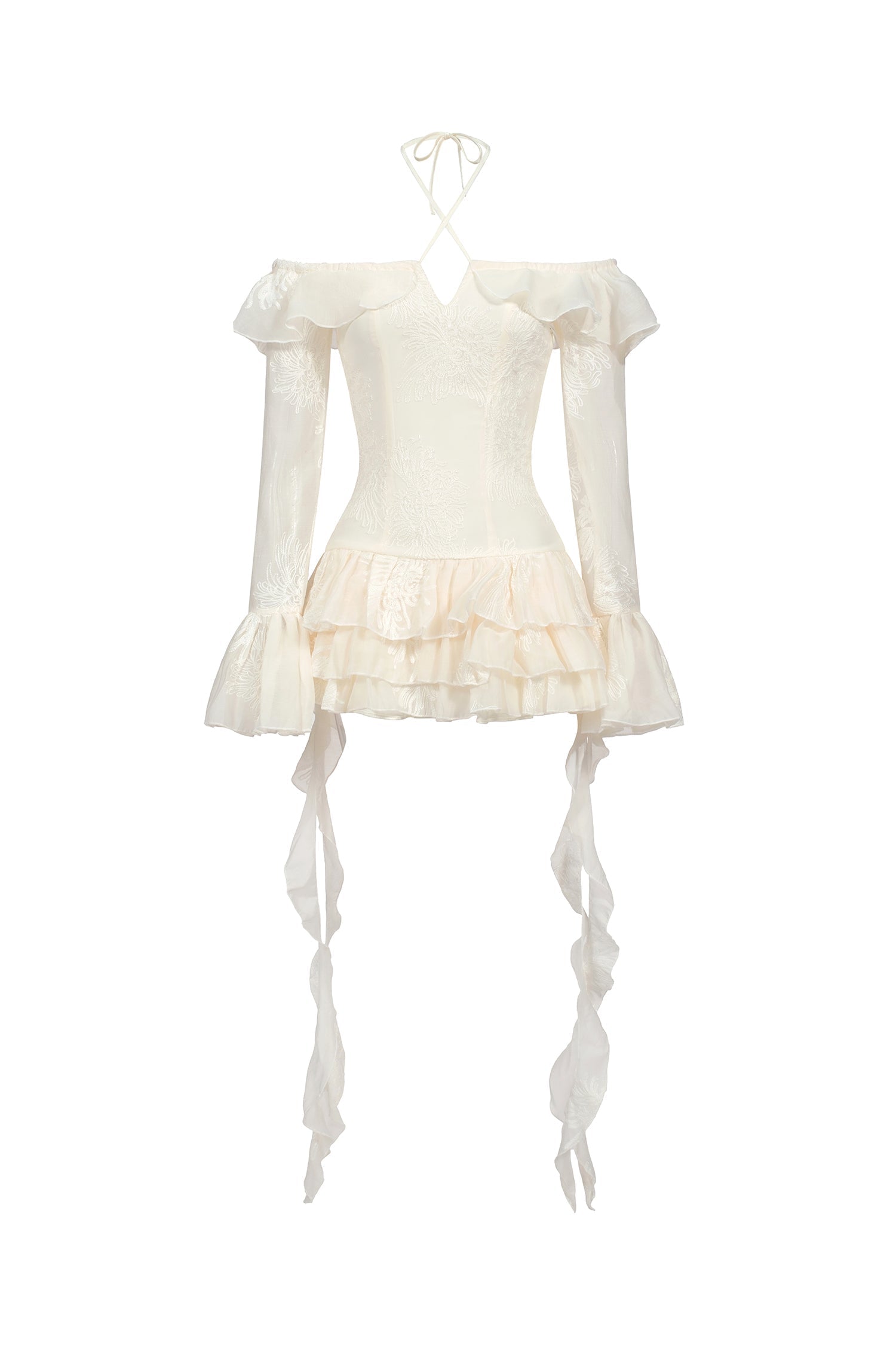 Serafina Ivory Off-Shoulder Embroidered Flounce Hem Mini Dress
