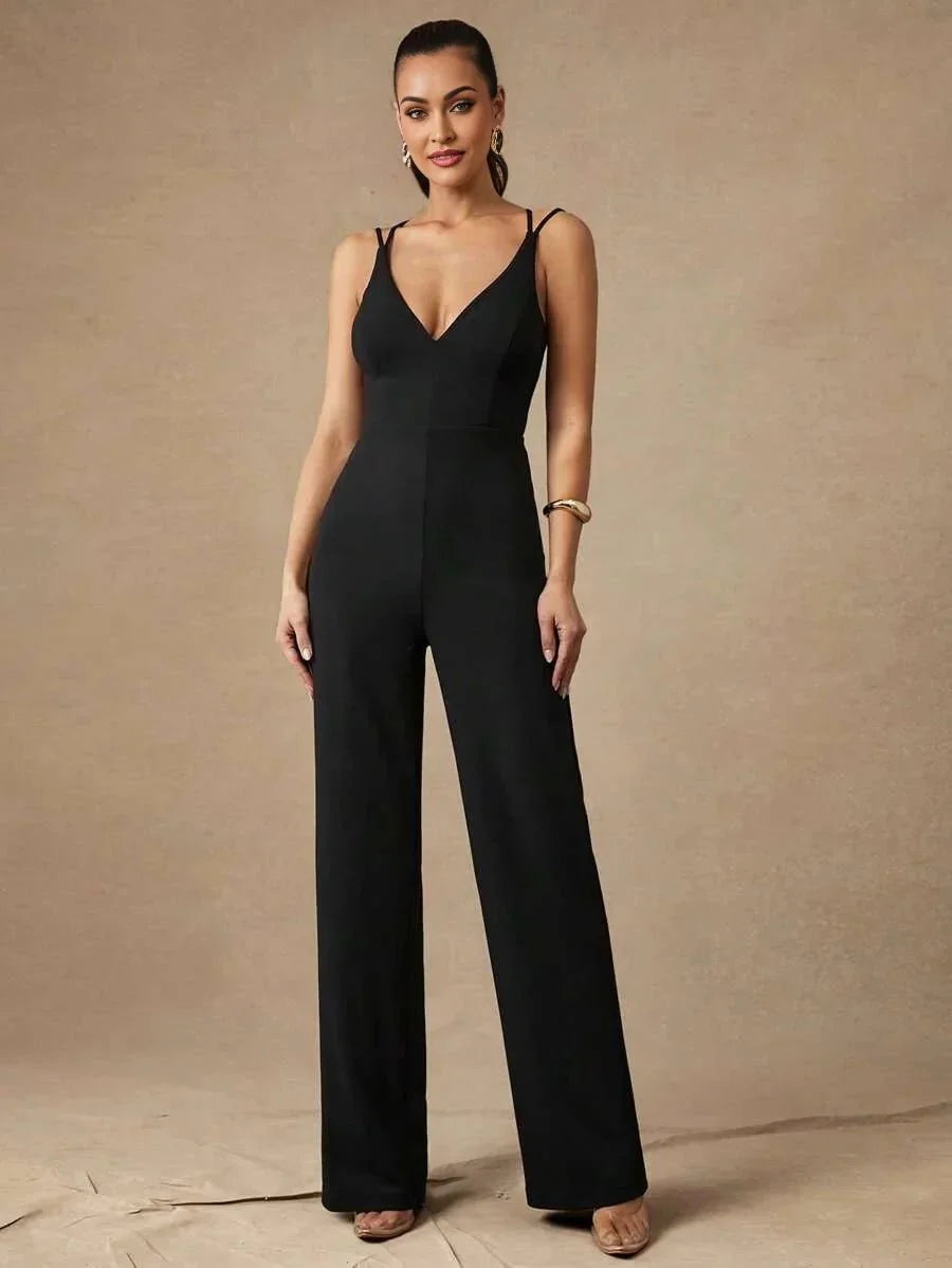 Serafina Jumpsuit - High Stretch Fabric Elasticity - Regular Fit - Long Length - Sleeveless - Refined Style - V Neckline - Backless, Criss Cross