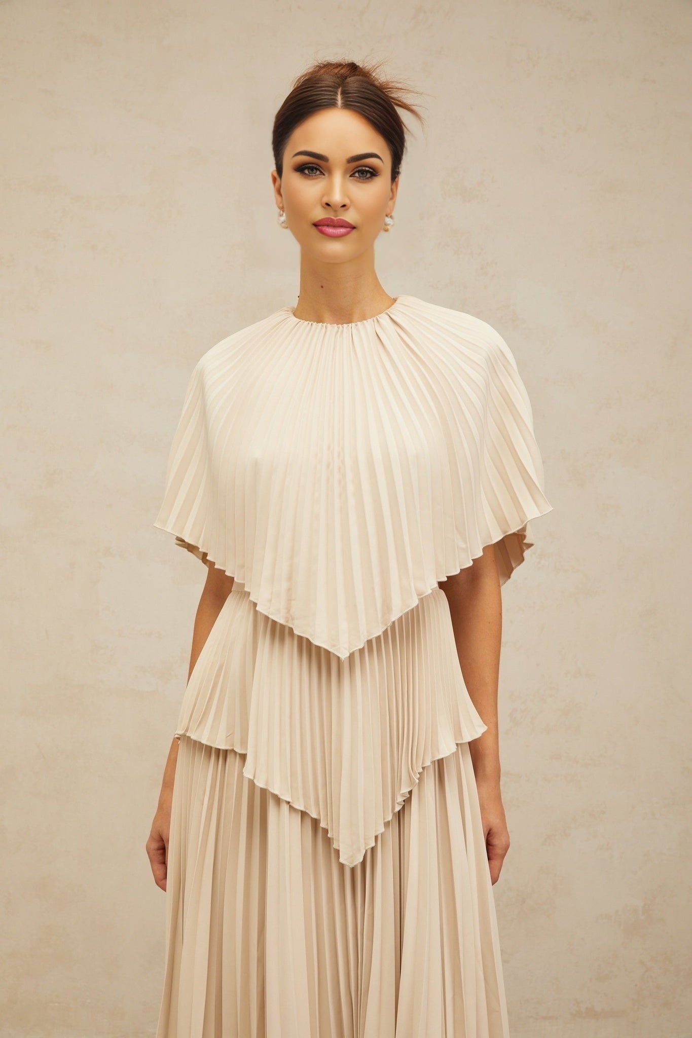 Serafina Midi Dress in Neutrals Crew Neck Batwing Pleated Cape Zip Calf Length