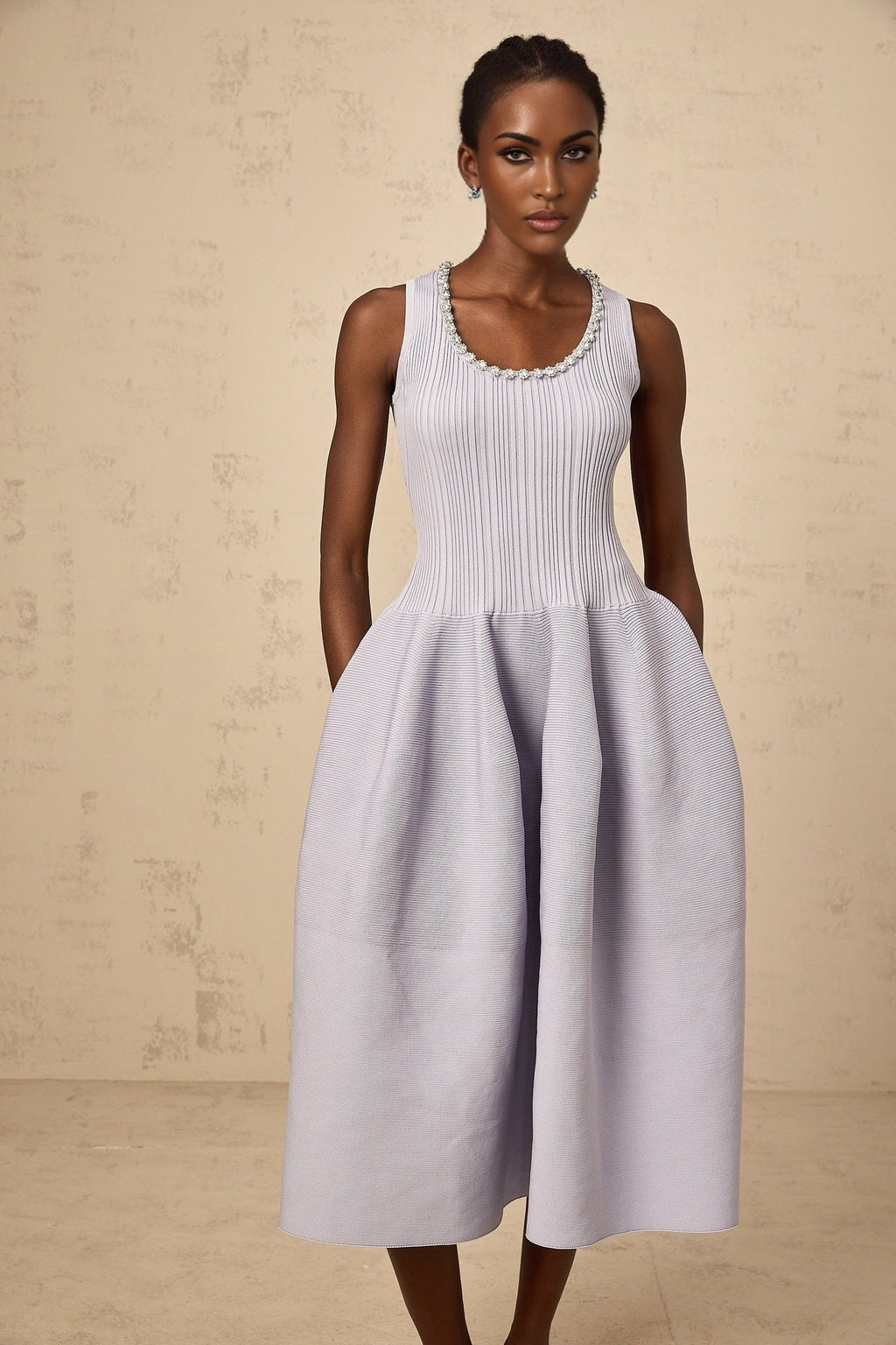 Serafina Midi Dress Purple Ribbed Knit Crystal Embellishment