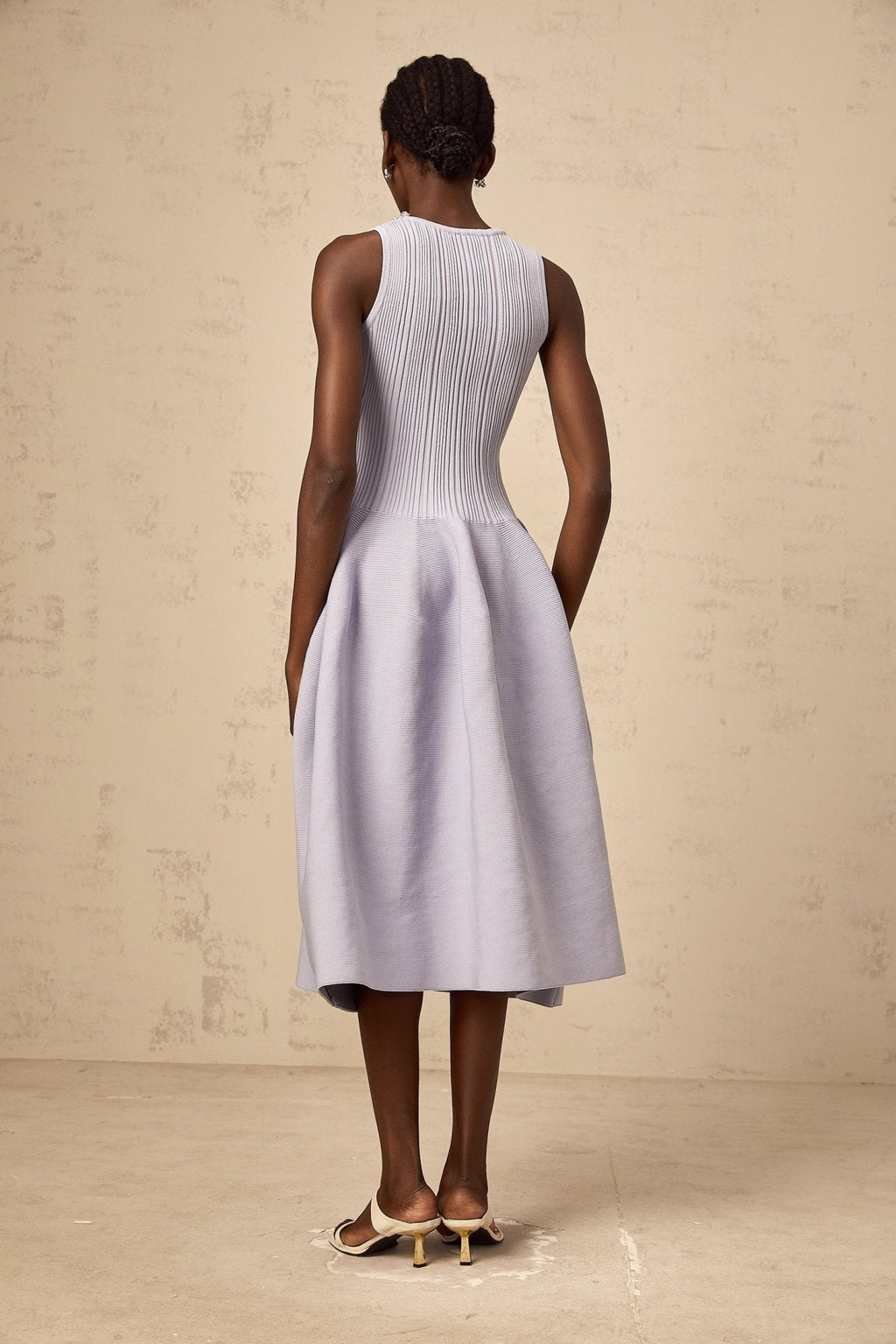 Serafina Midi Dress Purple Ribbed Knit Crystal Embellishment
