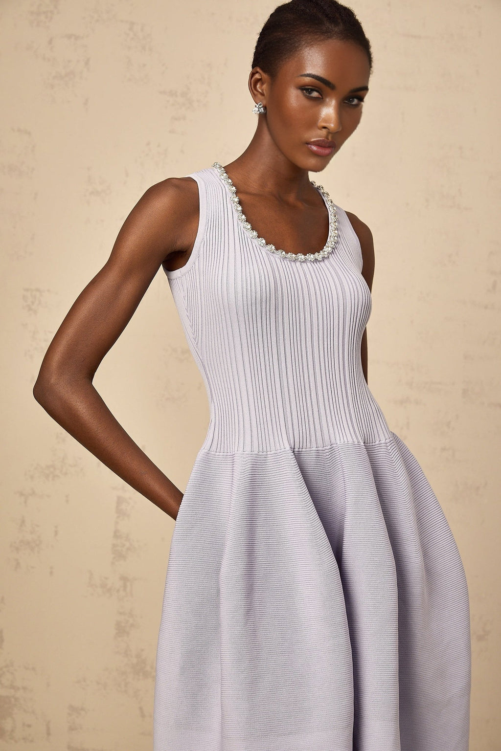 Serafina Midi Dress Purple Ribbed Knit Crystal Embellishment