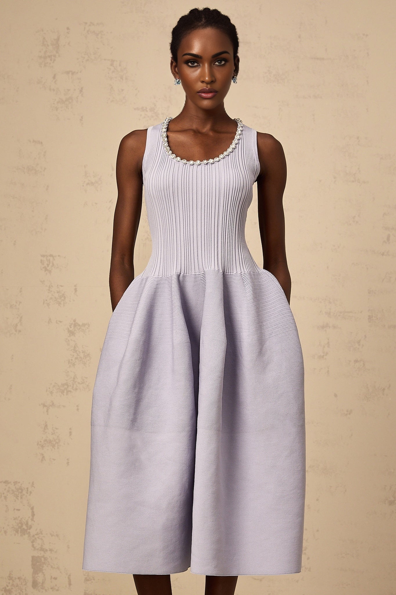 Serafina Midi Dress Purple Ribbed Knit Crystal Embellishment