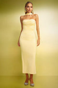 Serafina Yellow Maxi Dress Elegant Sophisticated Strapless Ruched Backless Evening Special Occasions Soft Comfortable Fabric Flattering Silhouette Dramatic Flair Grace Style Turn Heads