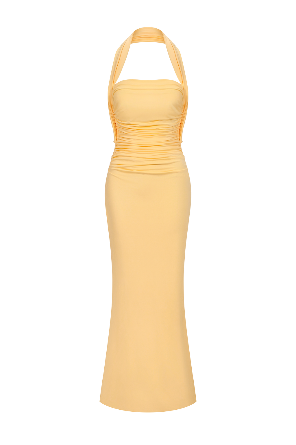 Serafina Yellow Strapless Ruched Backless Maxi Dress