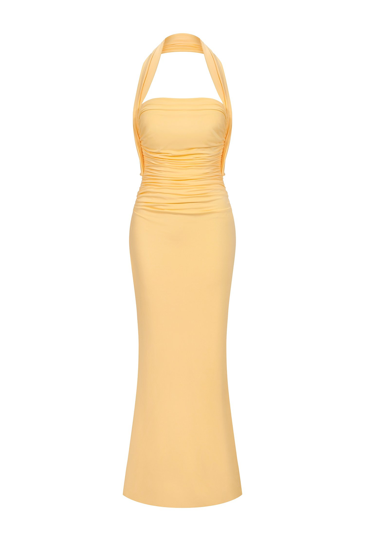 Serafina Yellow Strapless Ruched Backless Maxi Dress