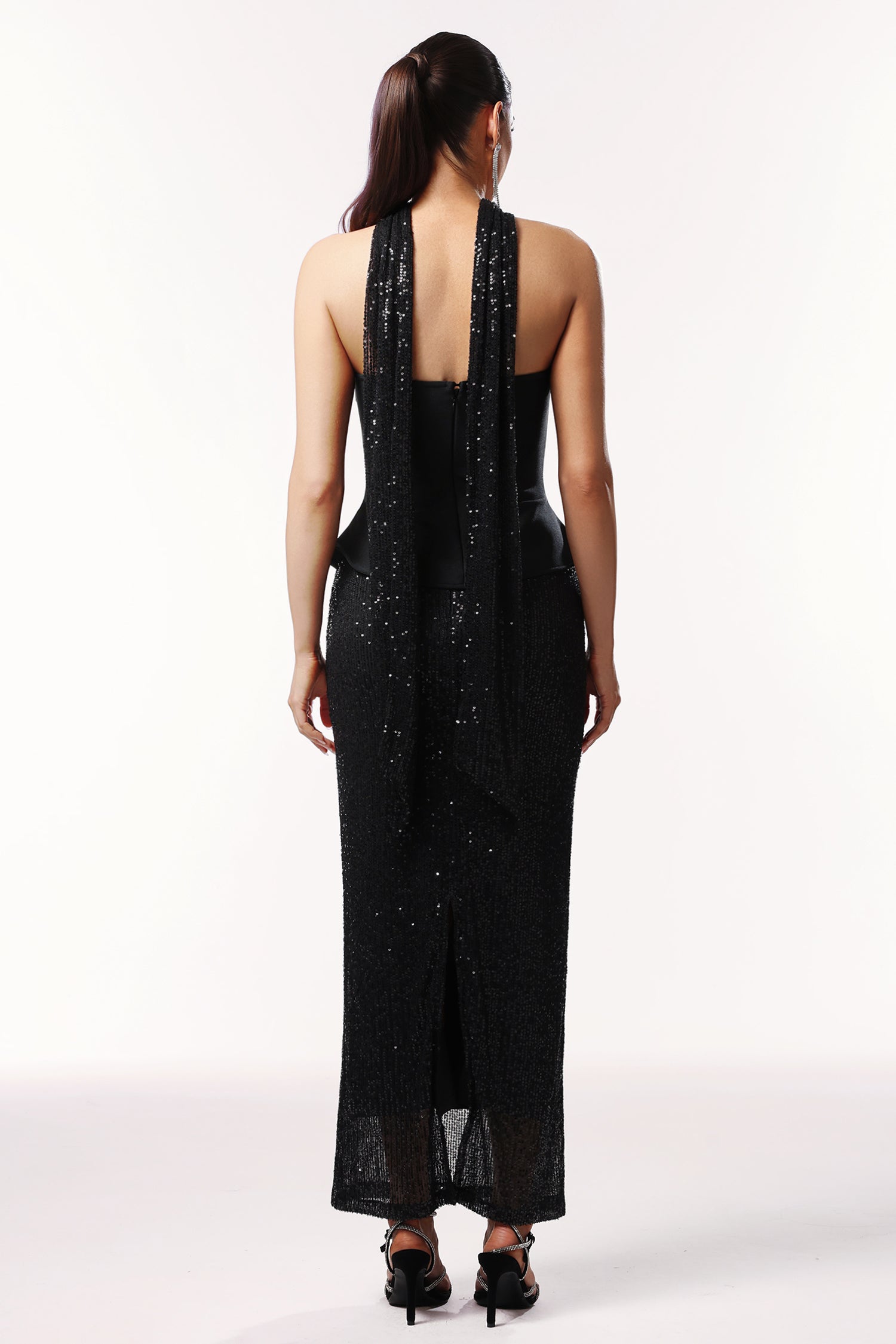 Serena Black Two Piece Dress Set with Sequins and Ribbon Detailing