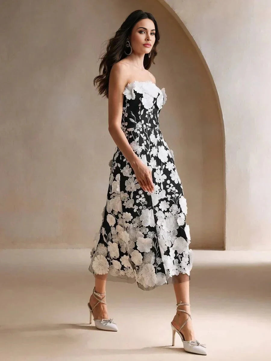 Serena Midi Dress - Strapless Neckline - High Waist - Flared Hem - Elegant Style - Mesh Fabric