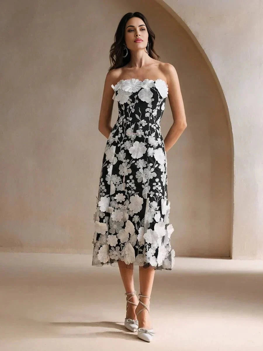 Serena Midi Dress - Strapless Neckline - High Waist - Flared Hem - Elegant Style - Mesh Fabric