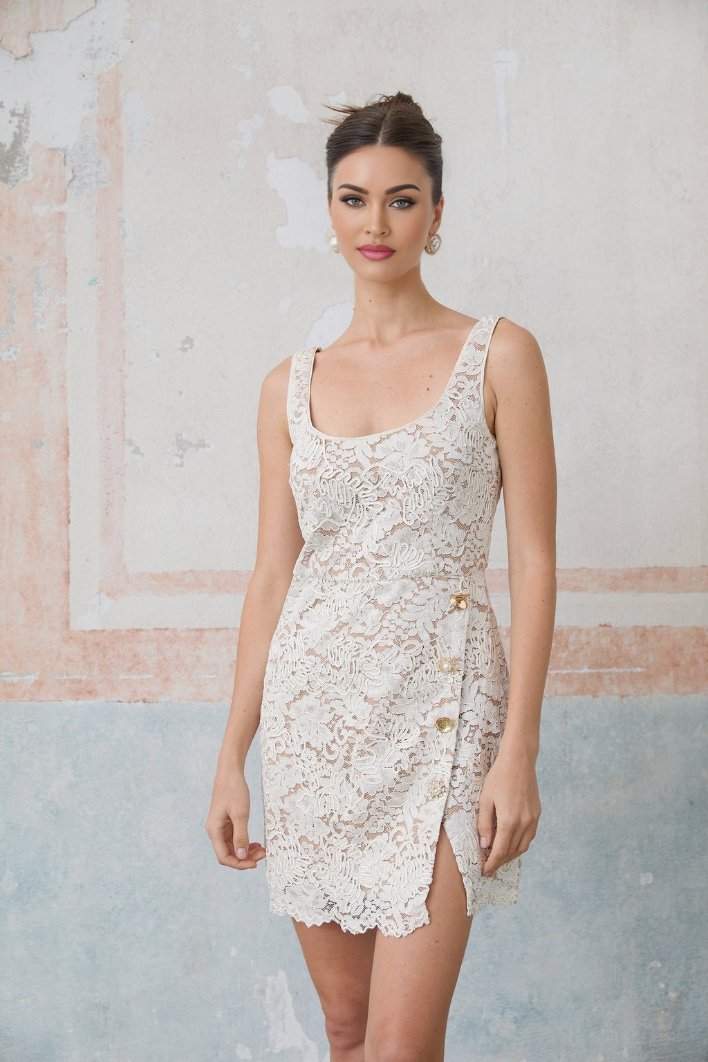 Serena Mini Dress Off White Lace Scallop Detail Side Slit