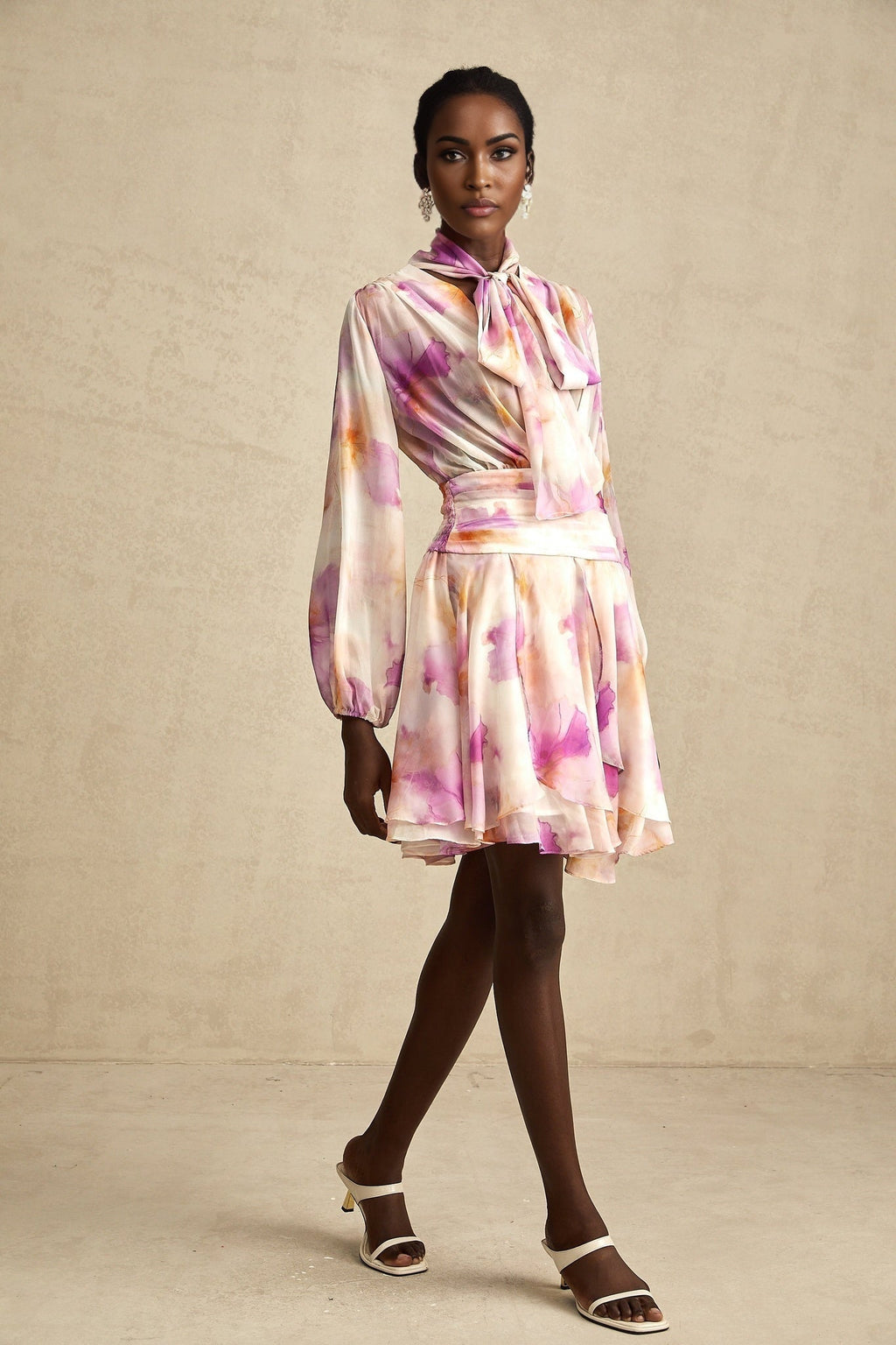 Serena Mini Dress Pink Floral Ruffle VNeck Hem