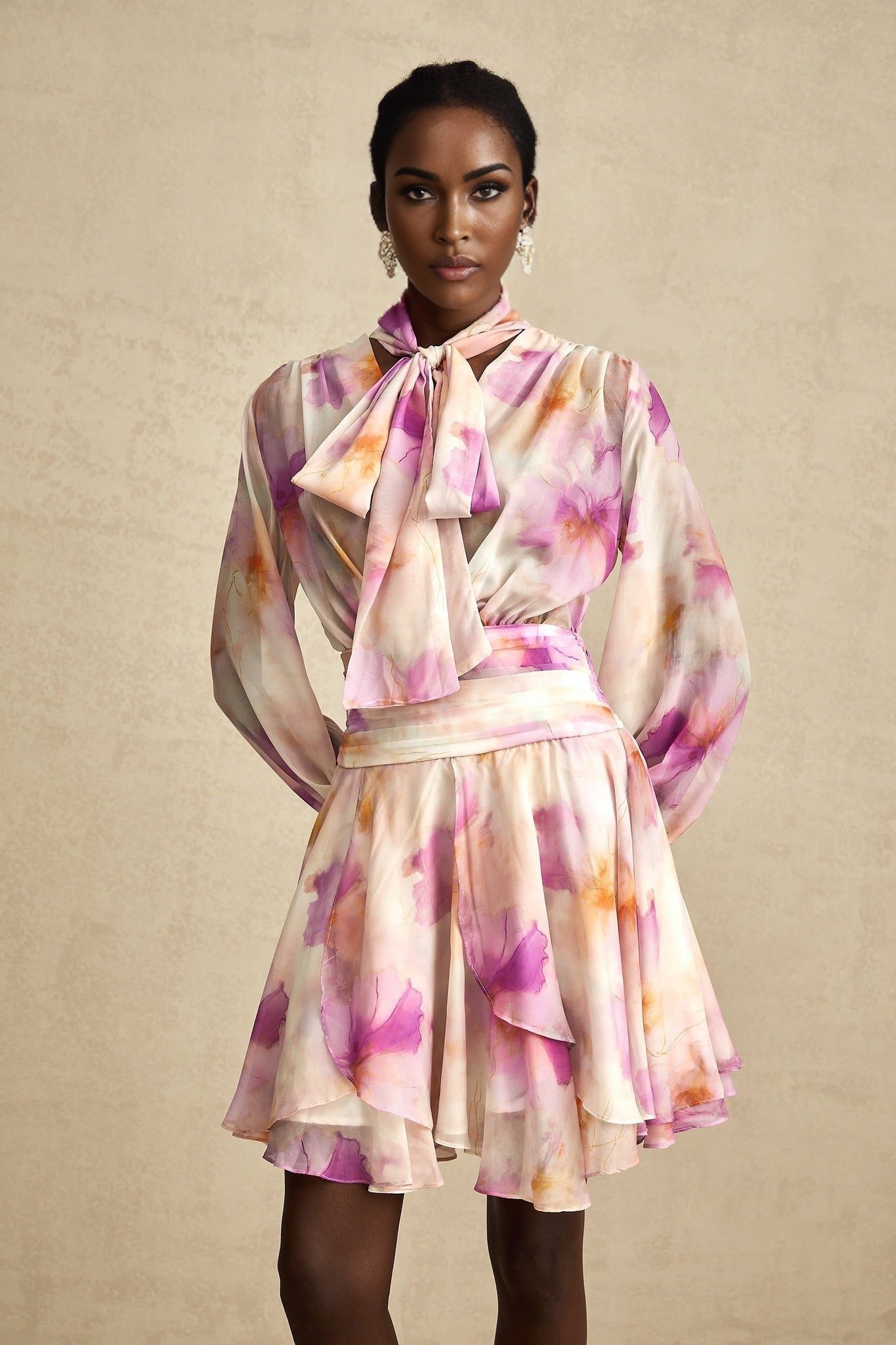 Serena Mini Dress Pink Floral Ruffle VNeck Hem